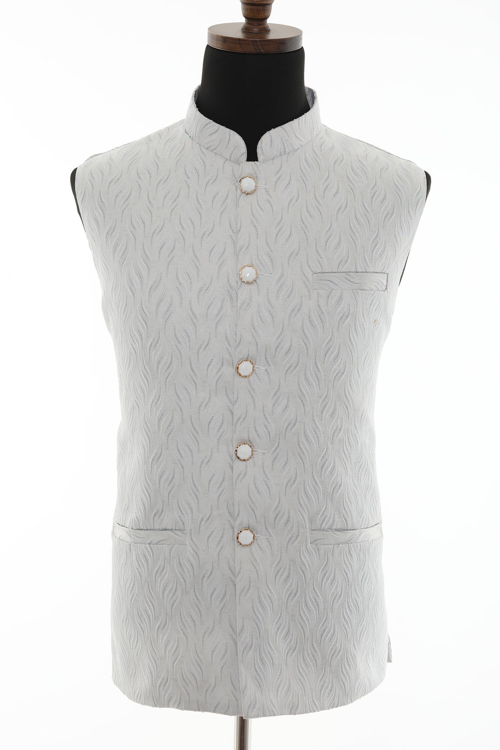 White Self Embellishment Nehru Jacket for Men