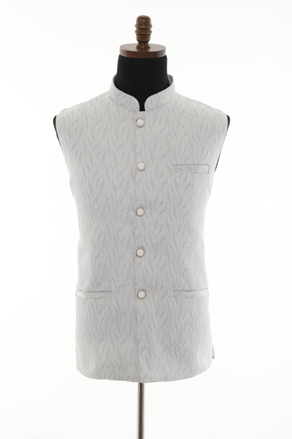 White Self Embellishment Nehru Jacket for Men