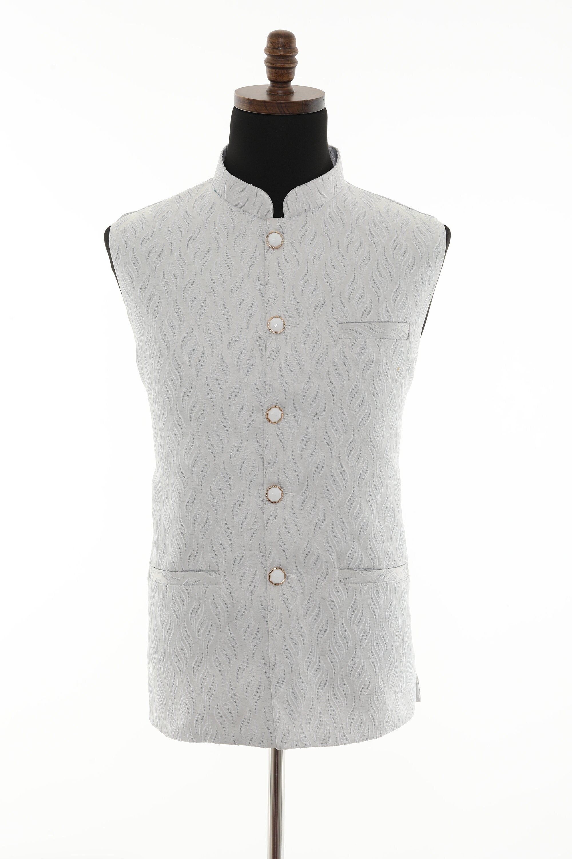 White Self Embellishment Nehru Jacket for Men