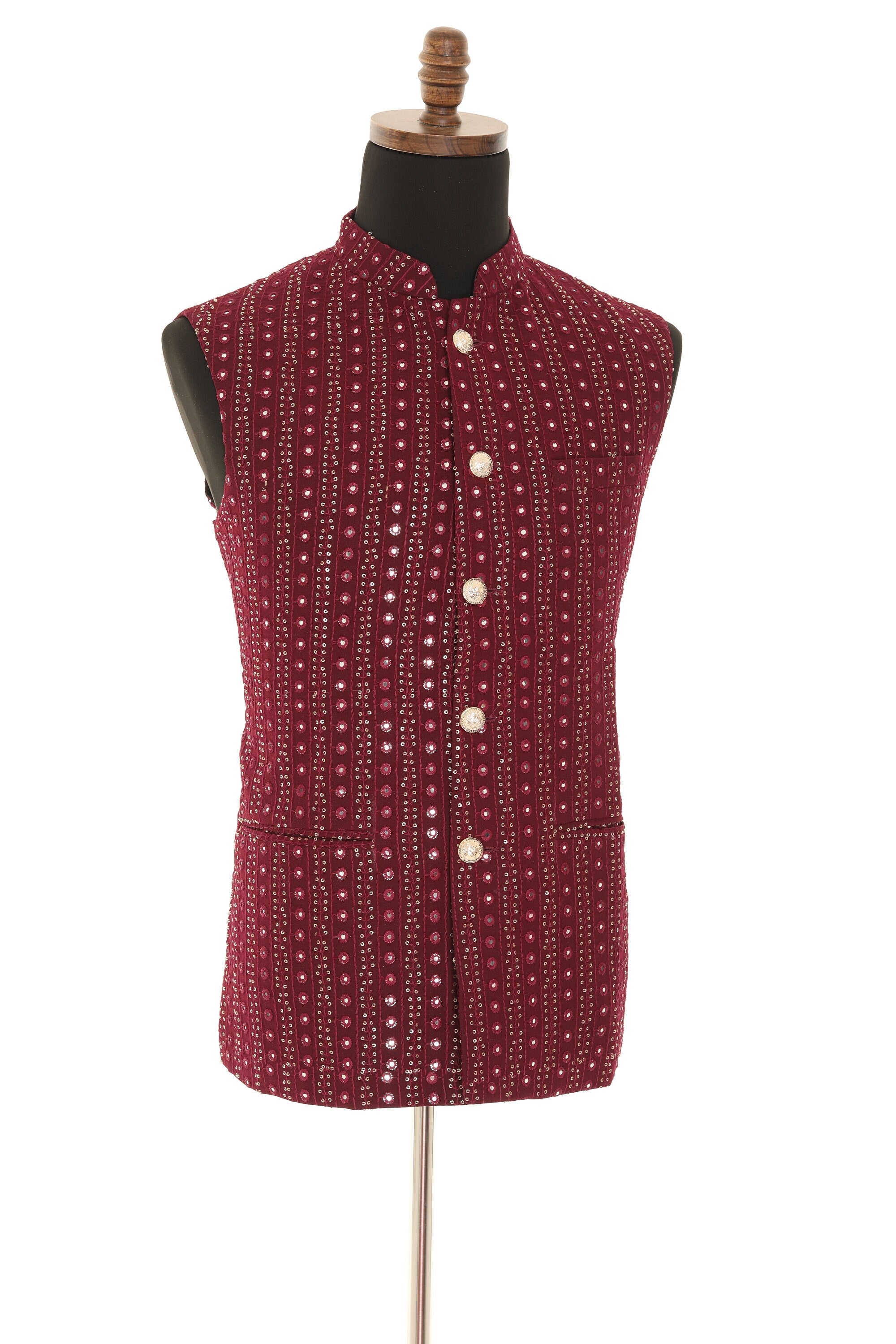 Men's Wine Mirror Work Gold Embroidery Georgette Nehru Jacket