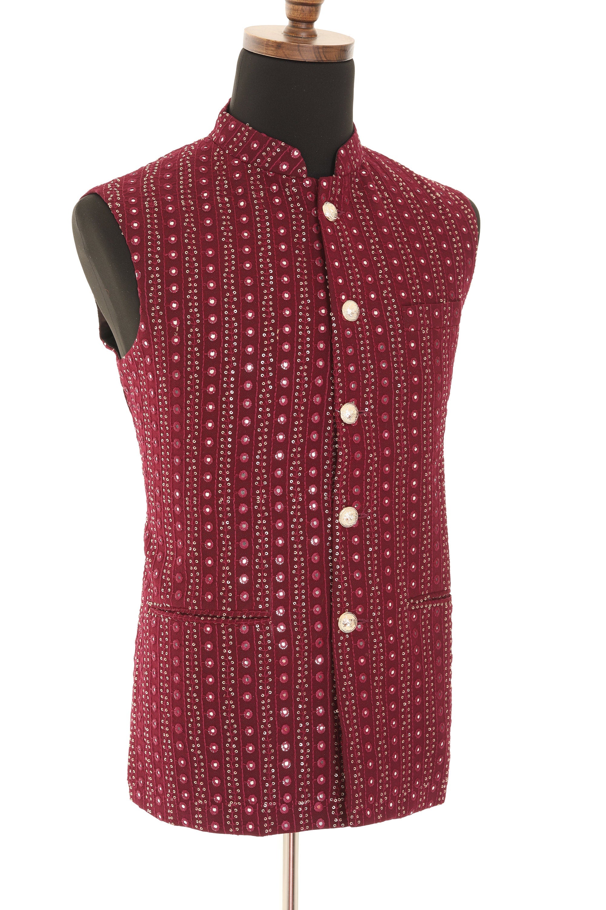 Men's Wine Mirror Work Gold Embroidery Georgette Nehru Jacket