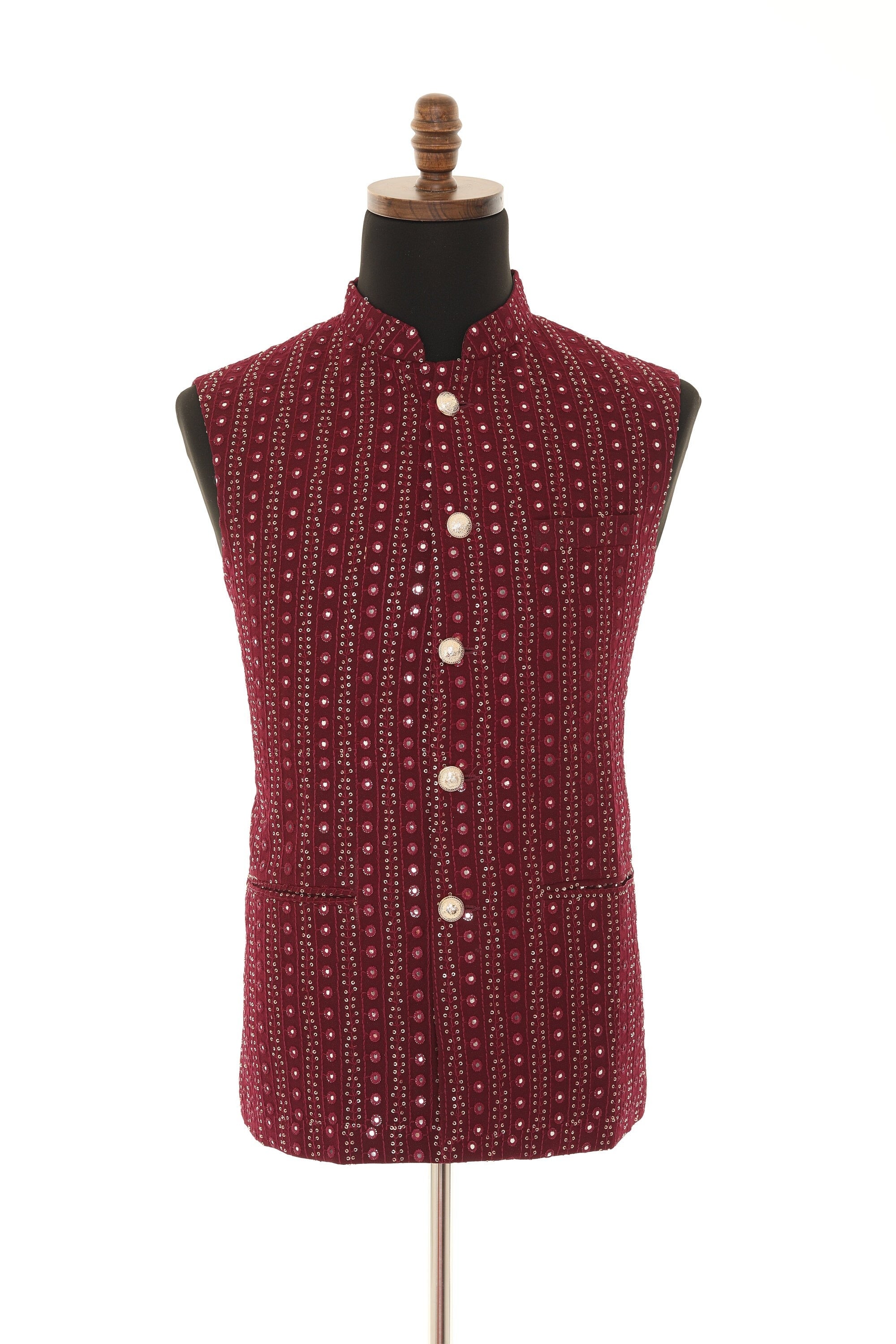 Men's Wine Mirror Work Gold Embroidery Georgette Nehru Jacket