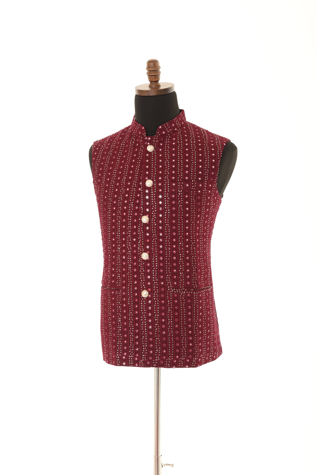 Men's Wine Mirror Work Gold Embroidery Georgette Nehru Jacket