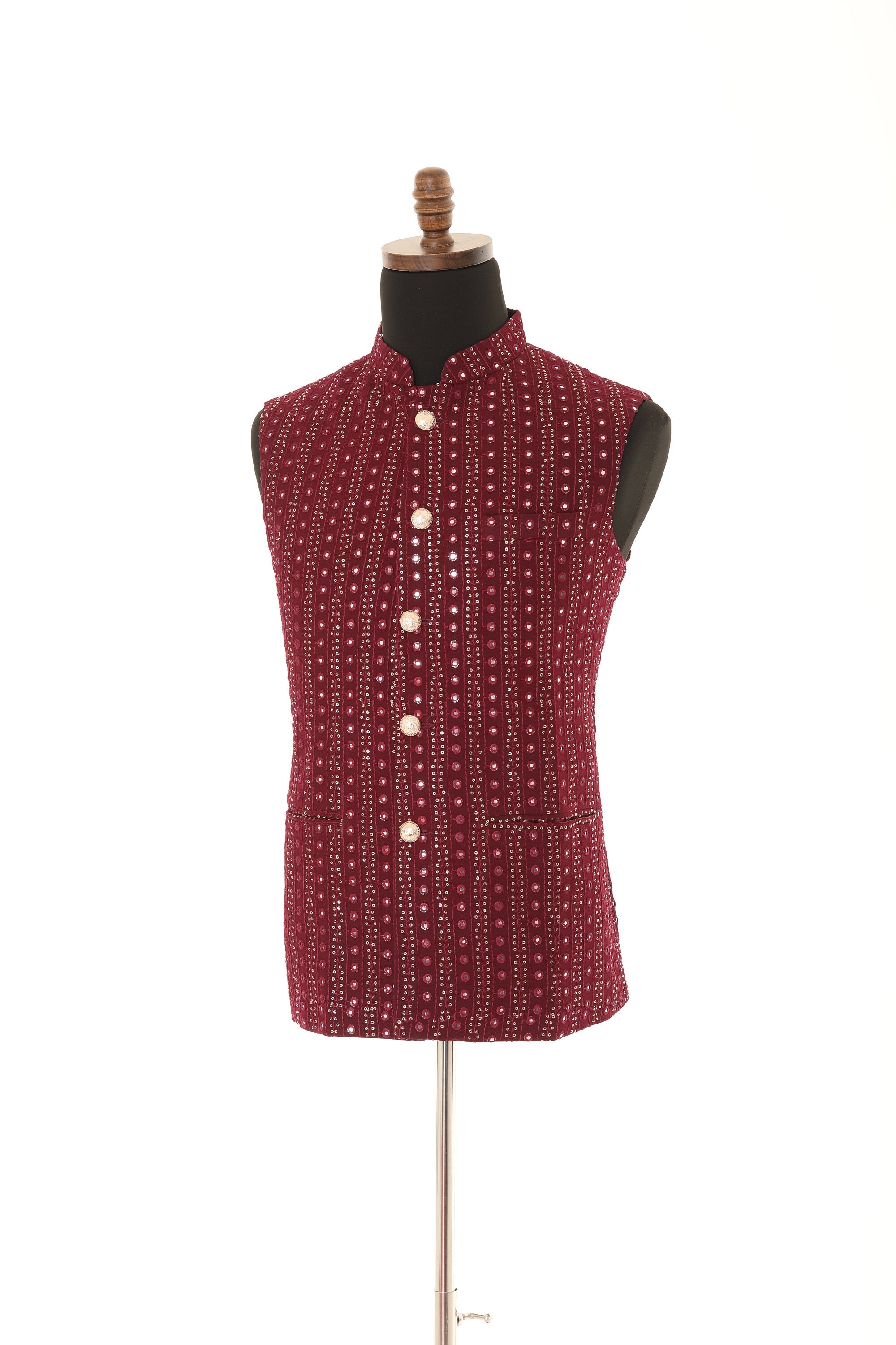 Men's Wine Mirror Work Gold Embroidery Georgette Nehru Jacket