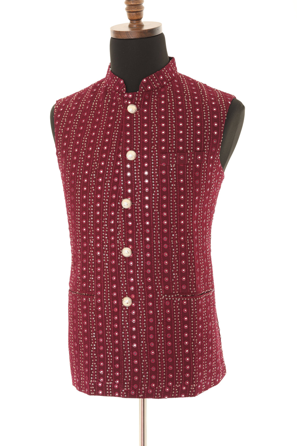 Men's Wine Mirror Work Gold Embroidery Georgette Nehru Jacket