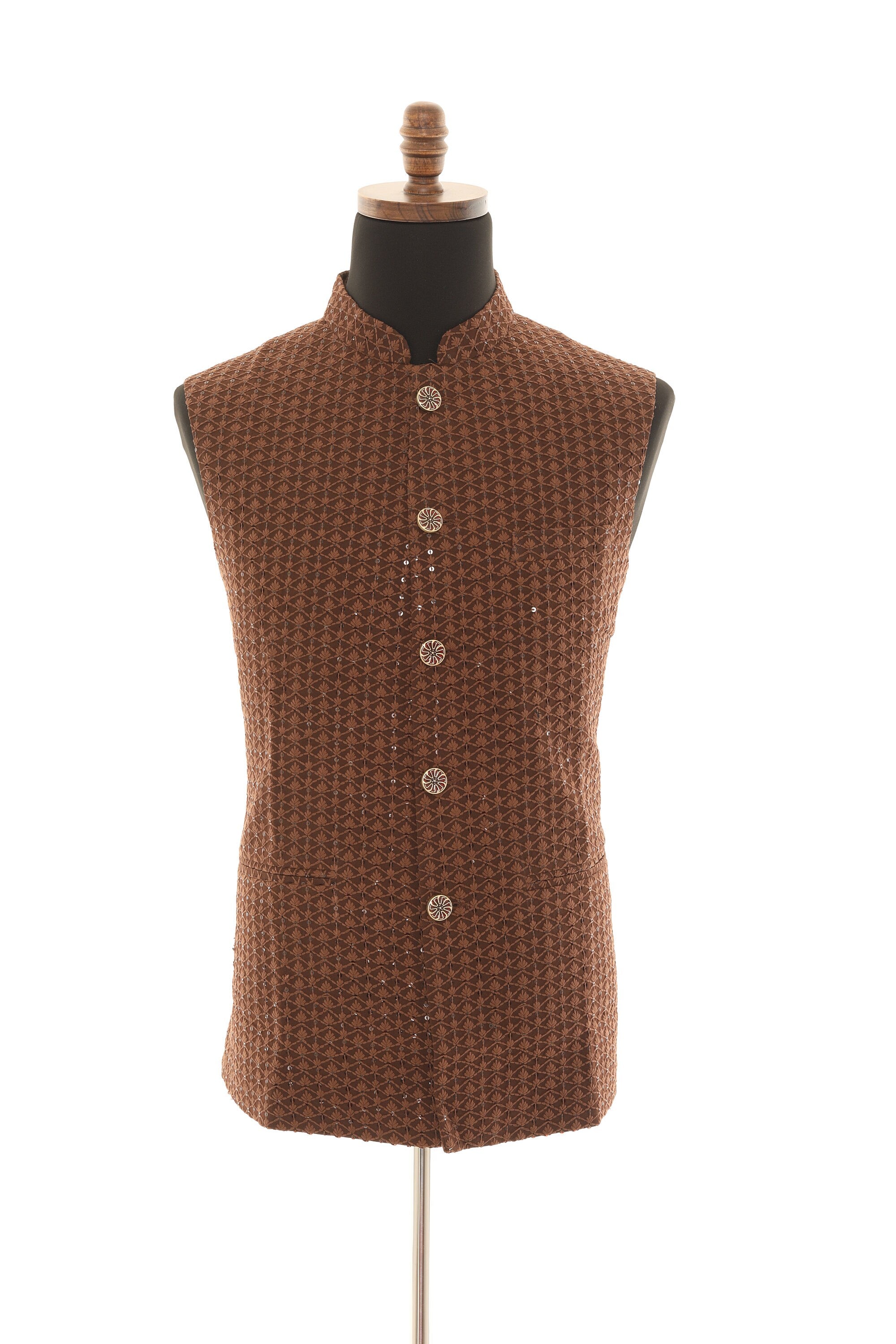 Brown Self Embellishment Nehru Jacket with Subdued Sequences for Men