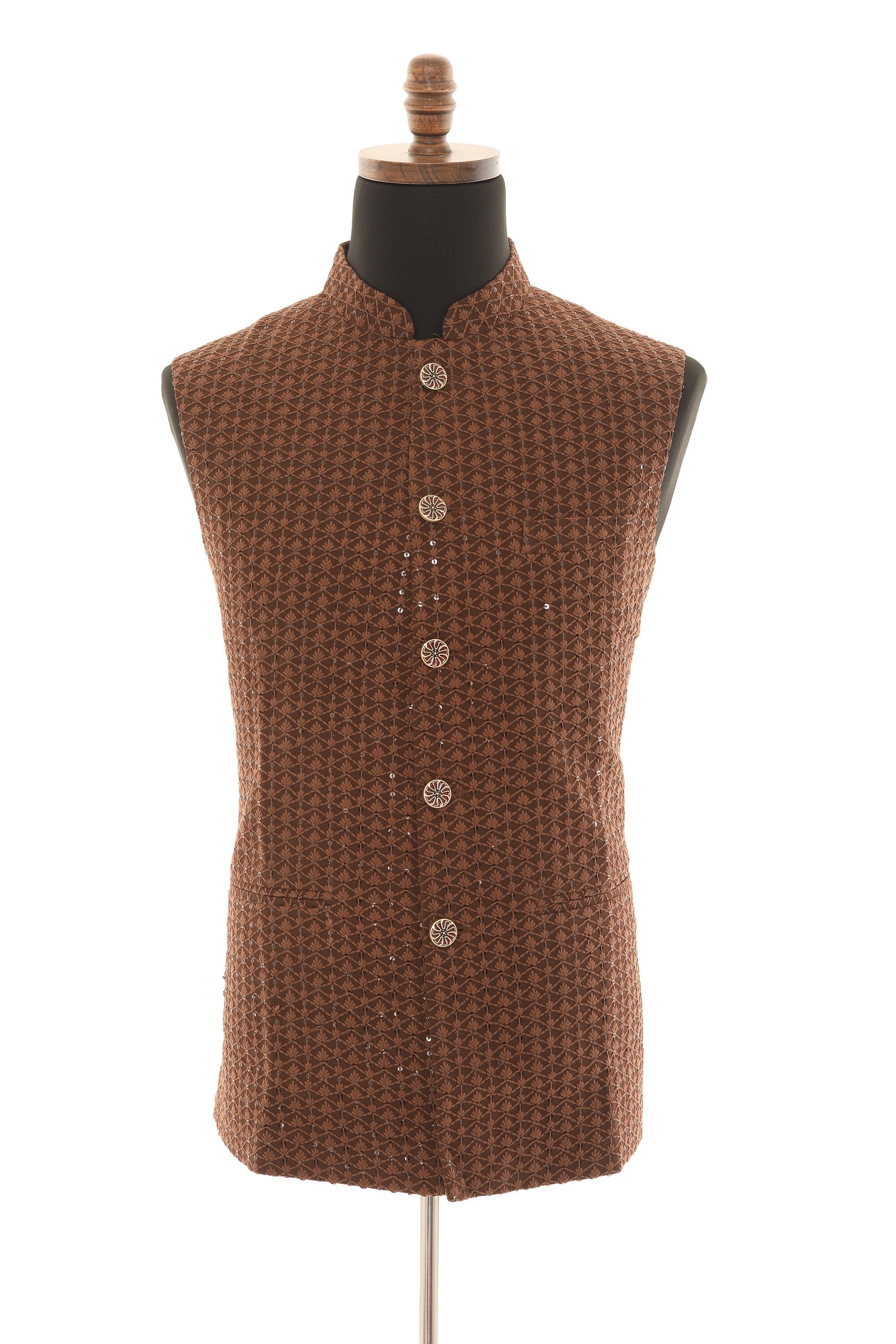 Brown Self Embellishment Nehru Jacket with Subdued Sequences for Men