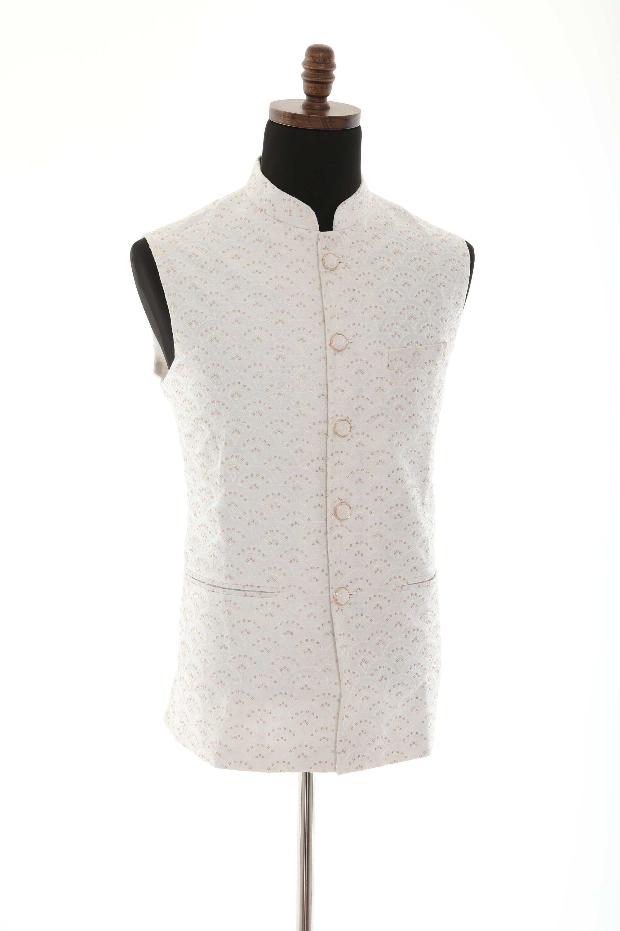 Men's Off-White Nehru Jacket: Silk Sequence Work