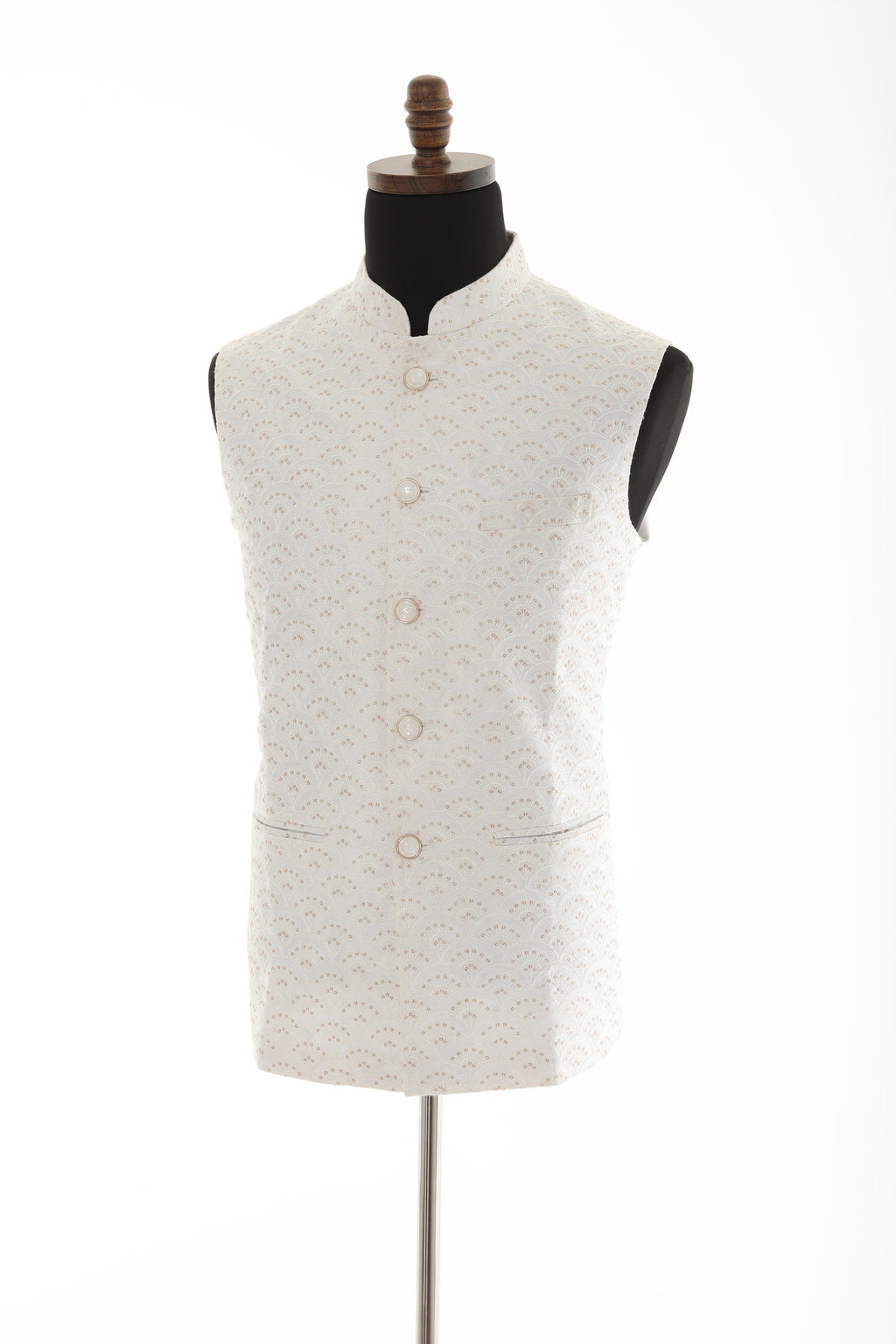 Men's Off-White Nehru Jacket: Silk Sequence Work