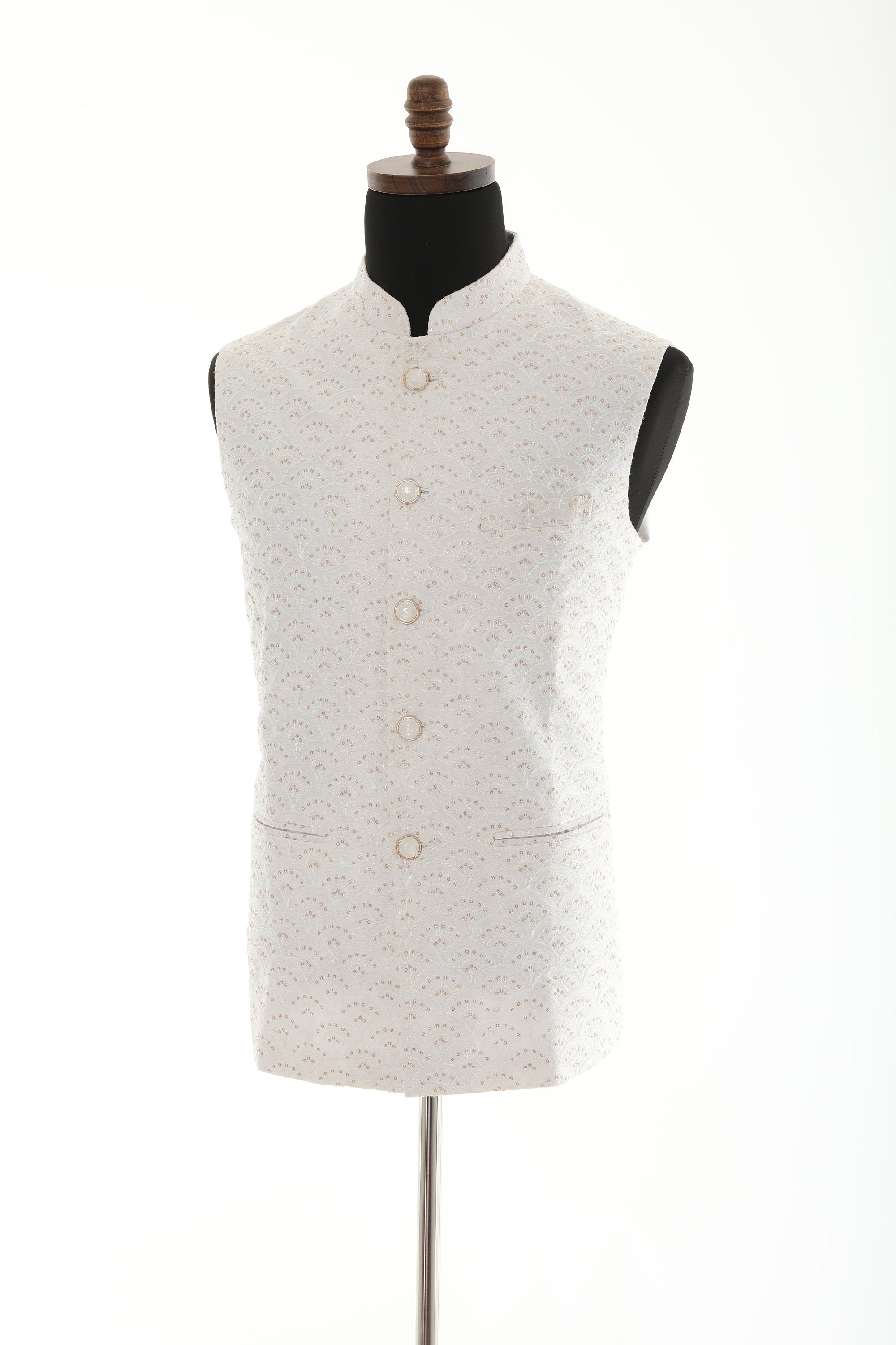 Men's Off-White Nehru Jacket: Silk Sequence Work