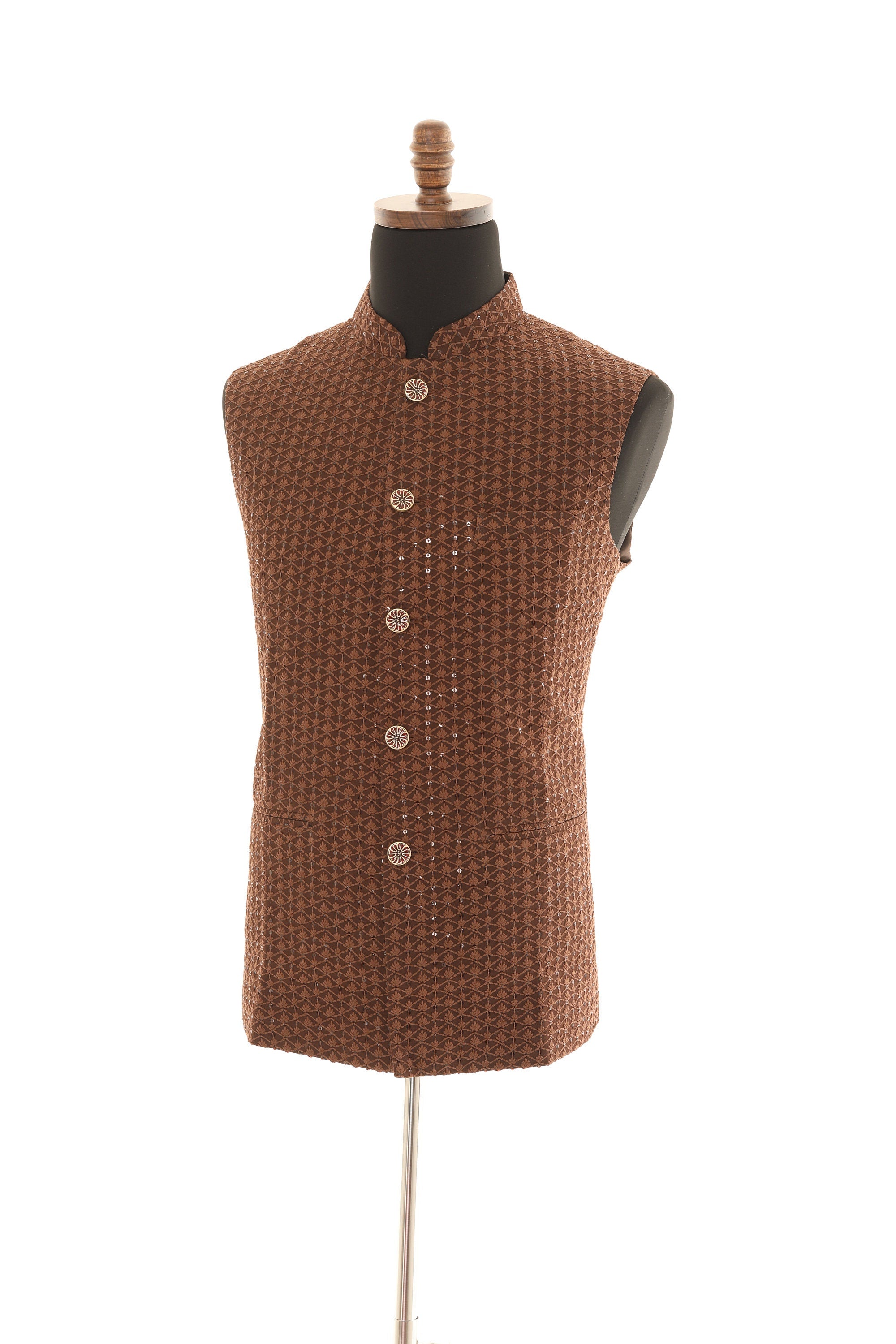 Brown Self Embellishment Nehru Jacket with Subdued Sequences for Men