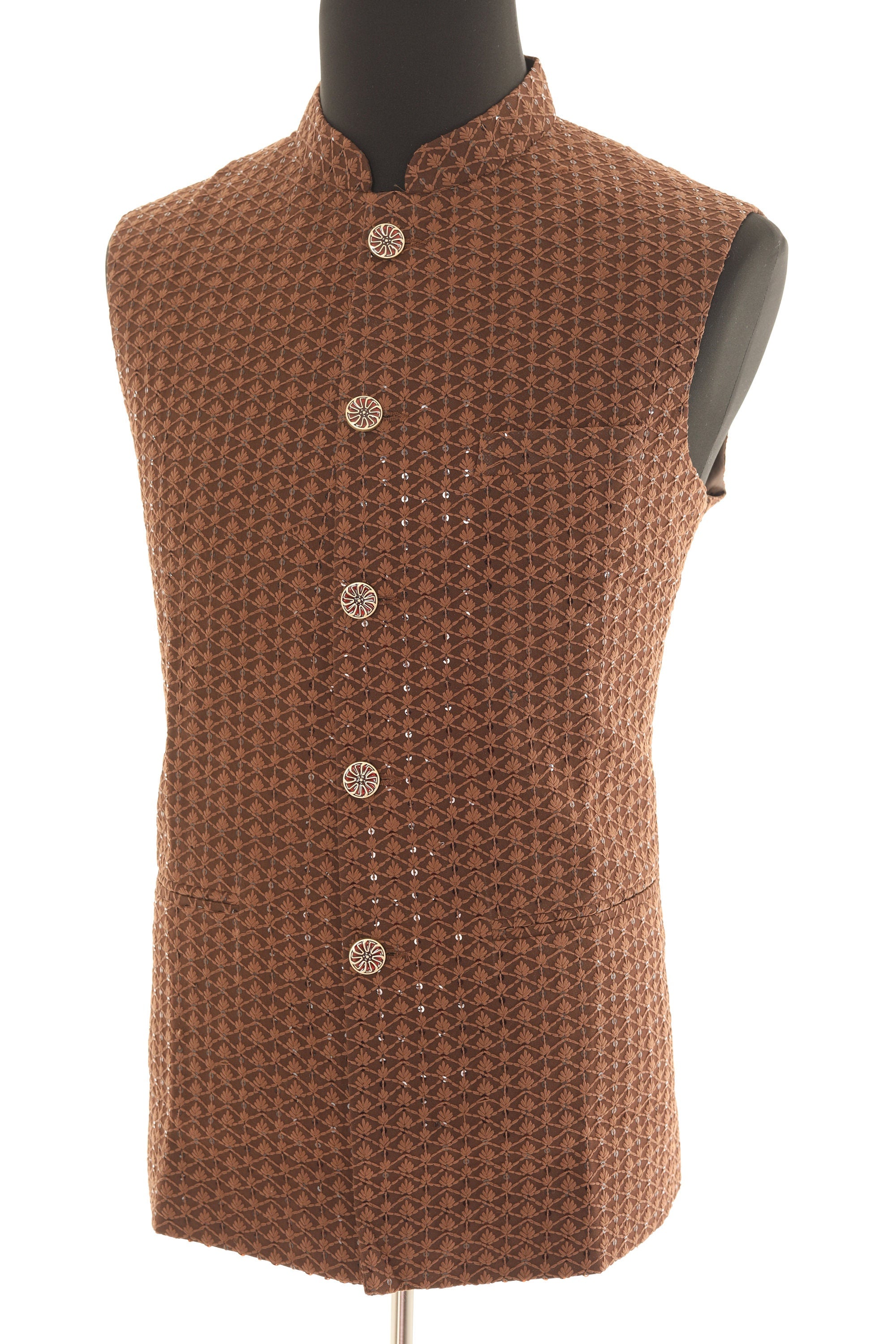 Brown Self Embellishment Nehru Jacket with Subdued Sequences for Men