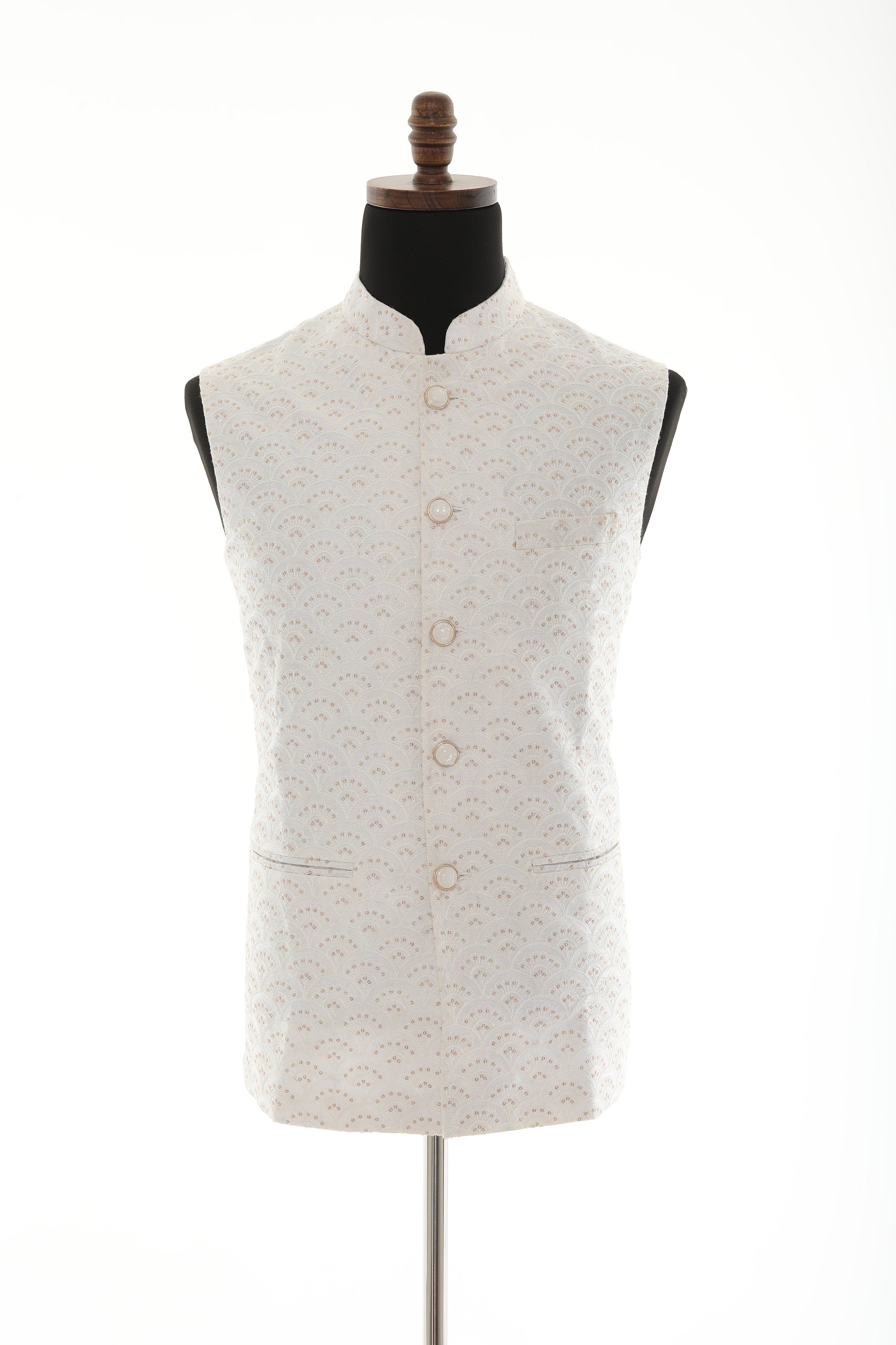 Men's Off-White Nehru Jacket: Silk Sequence Work