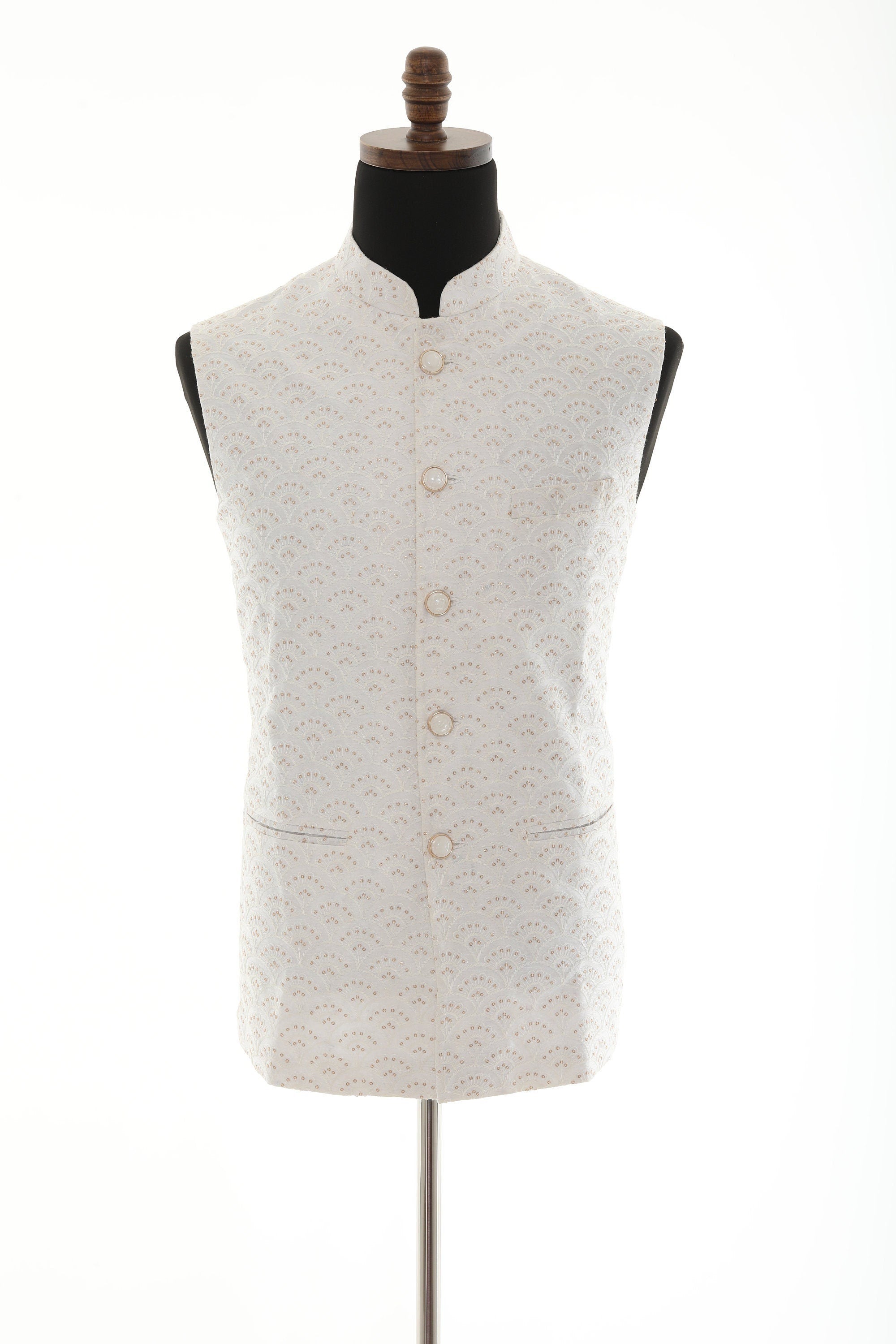 Men's Off-White Nehru Jacket: Silk Sequence Work