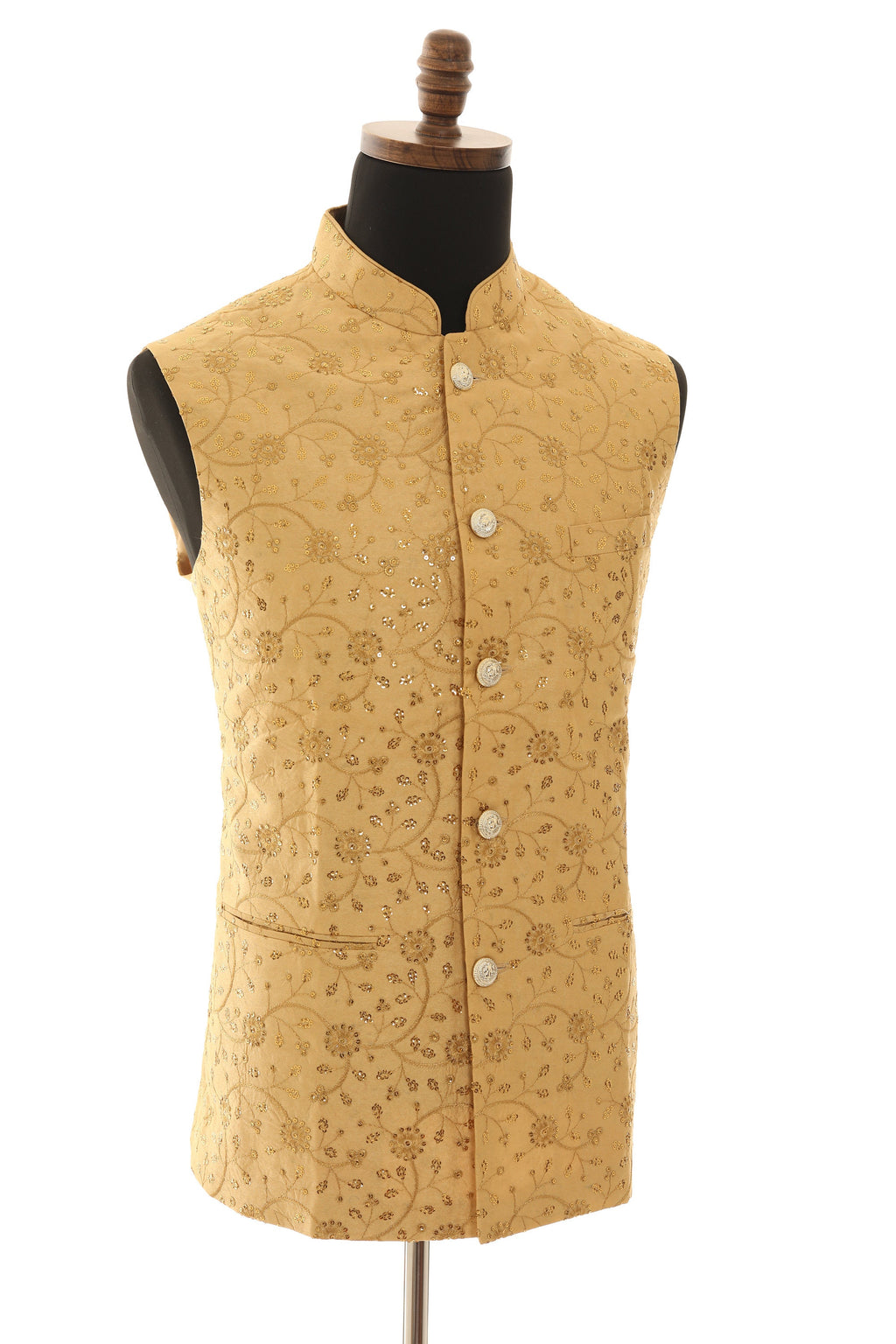 Beige Nehru Jacket with Gold Sequins