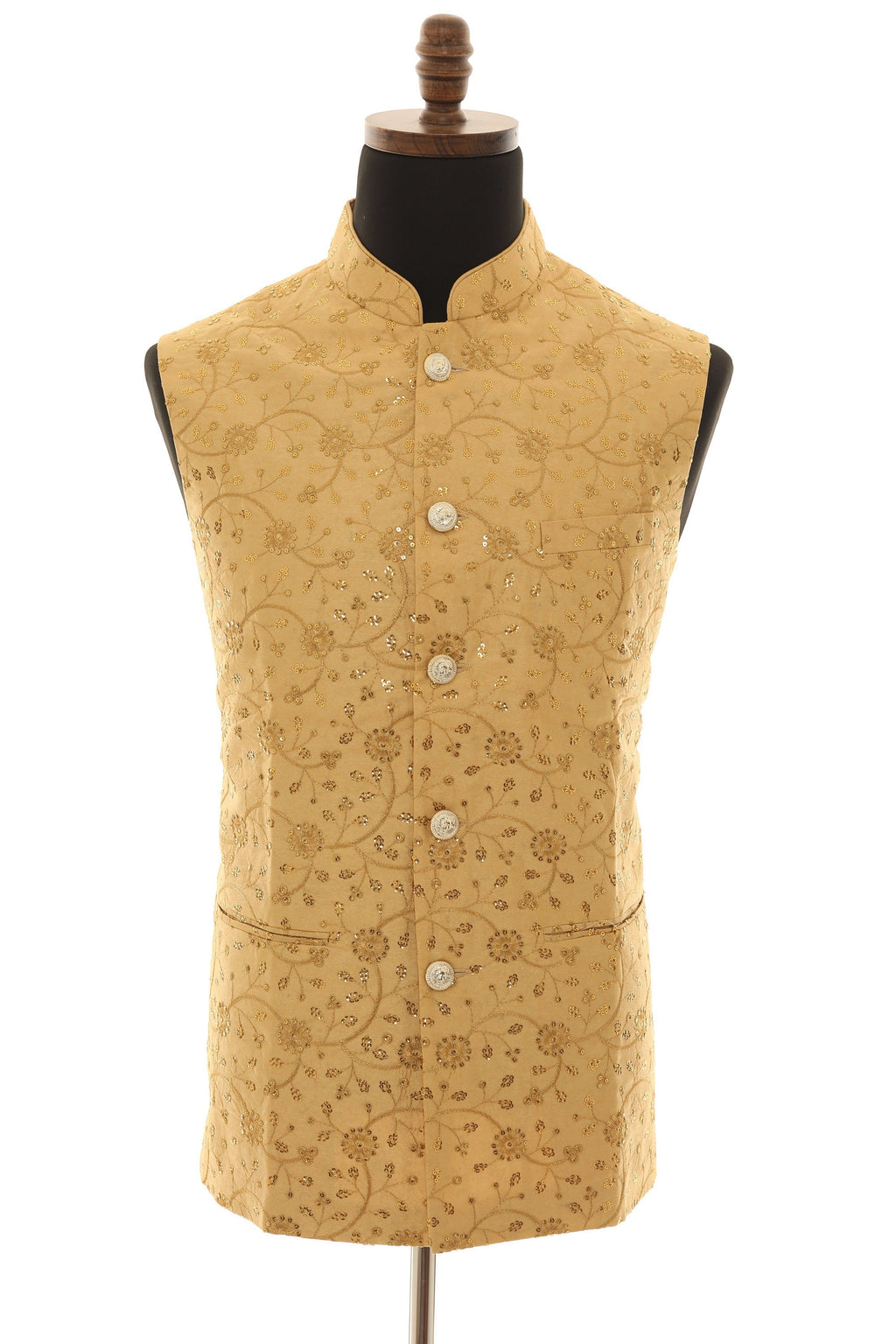 Beige Nehru Jacket with Gold Sequins