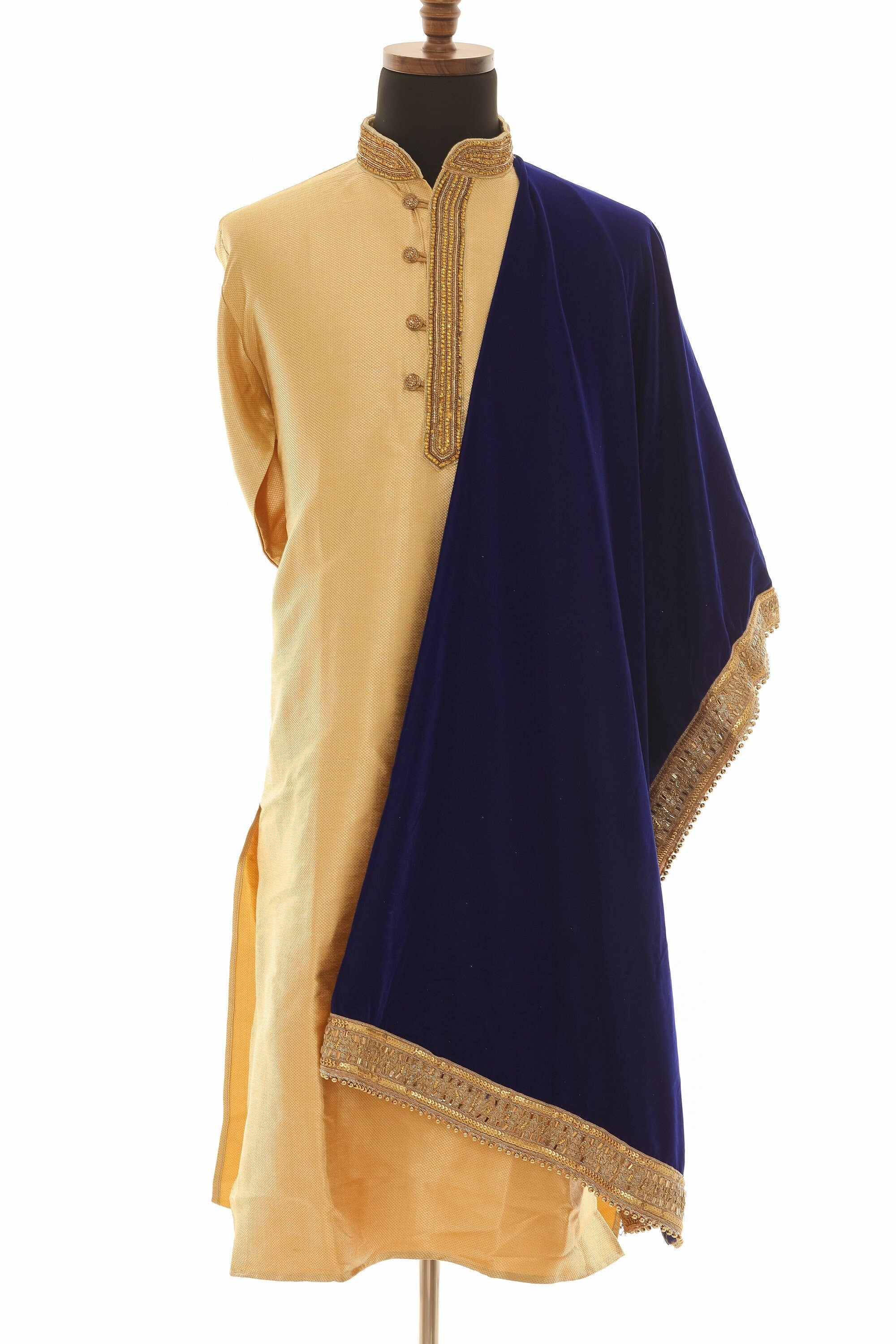 Royal Blue Velvet Gold Lace Scarf