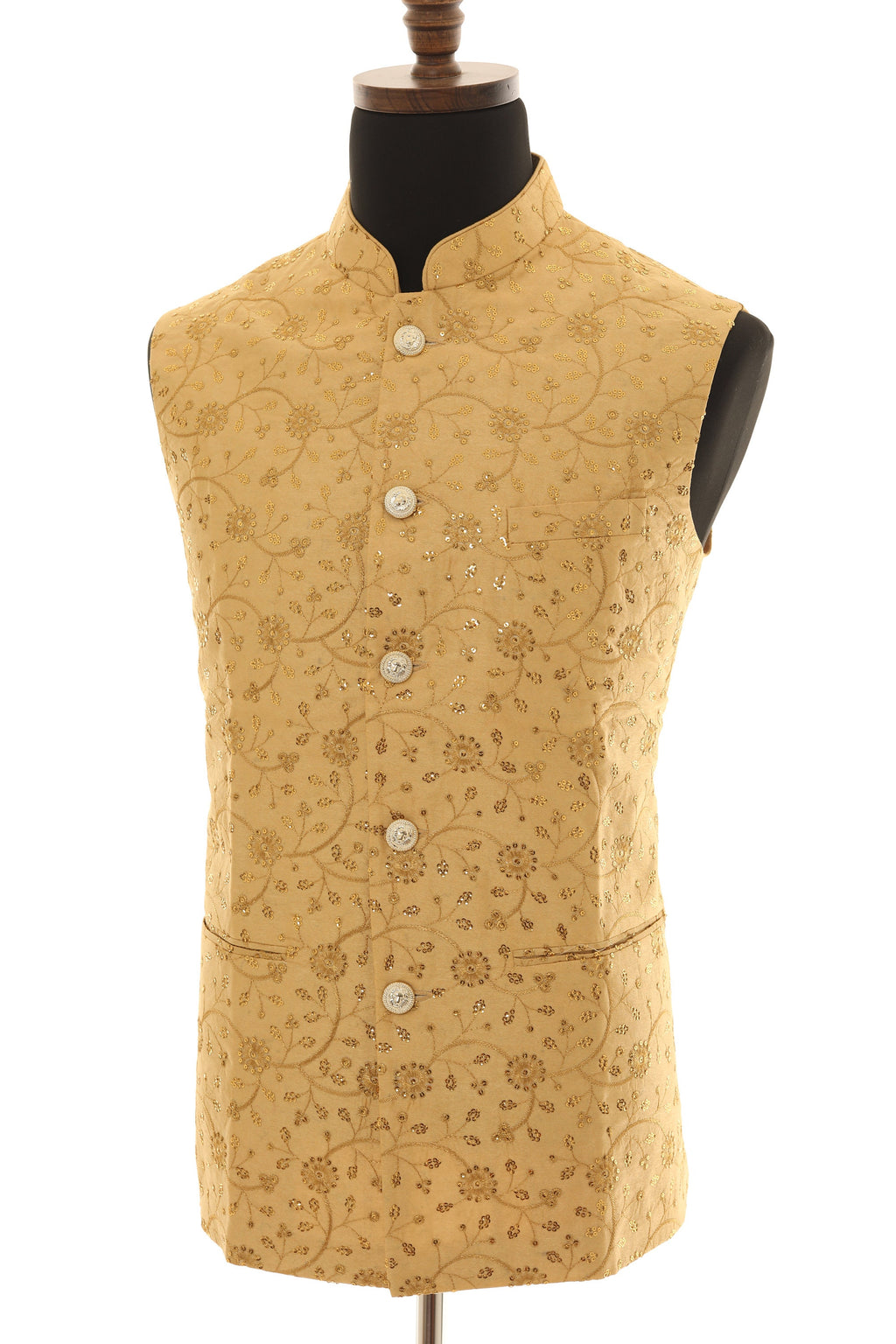 Beige Nehru Jacket with Gold Sequins
