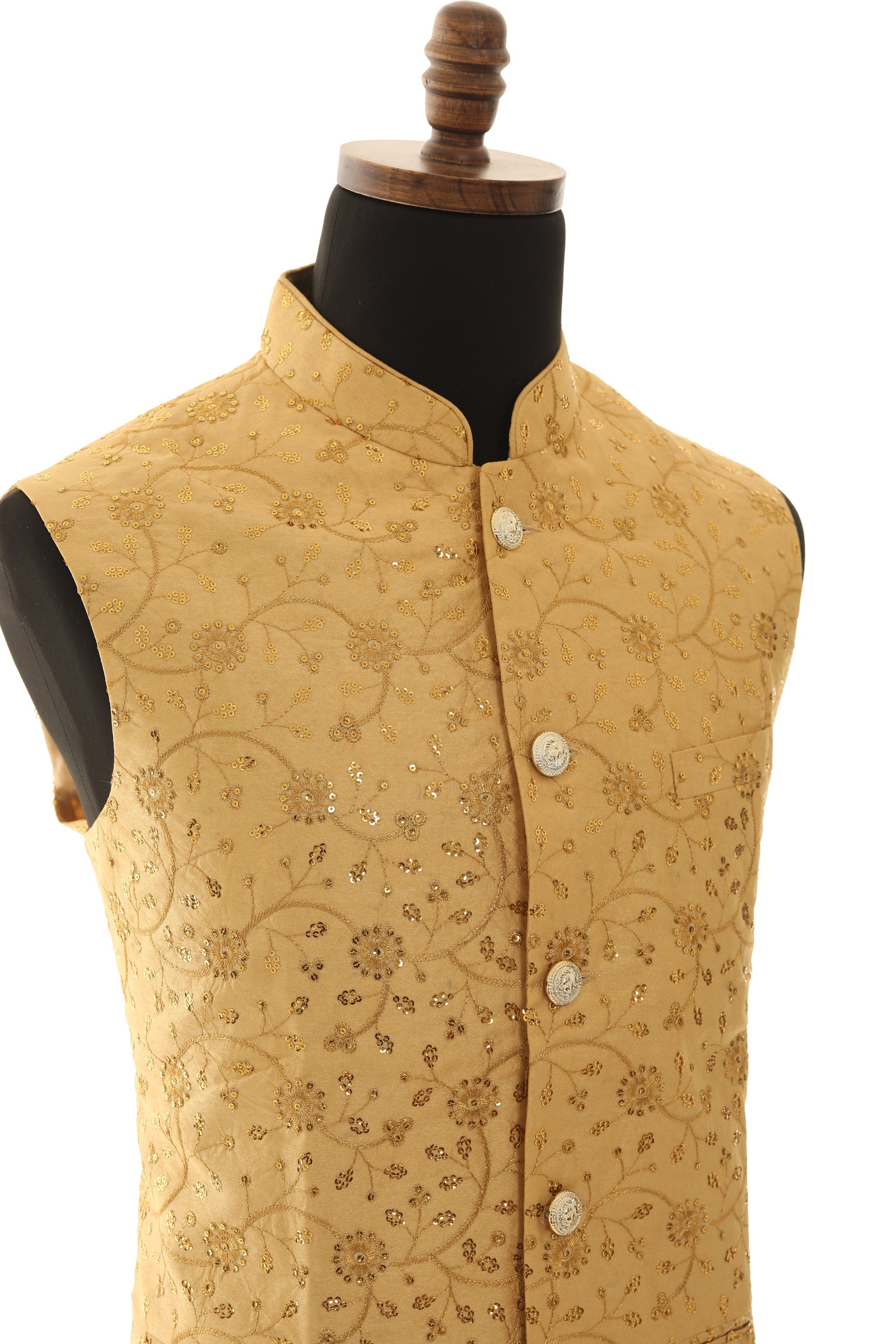 Beige Nehru Jacket with Gold Sequins
