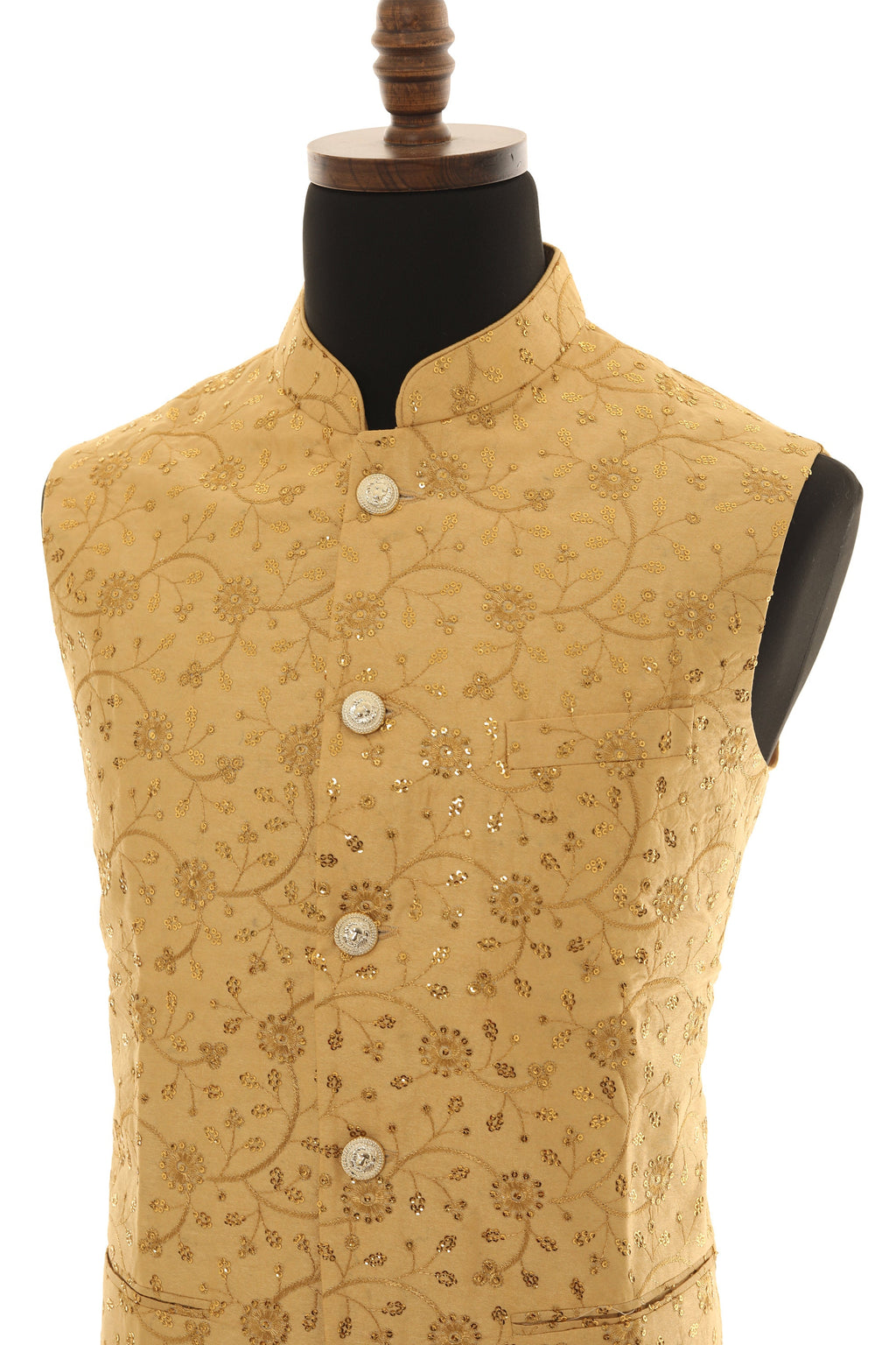 Beige Nehru Jacket with Gold Sequins
