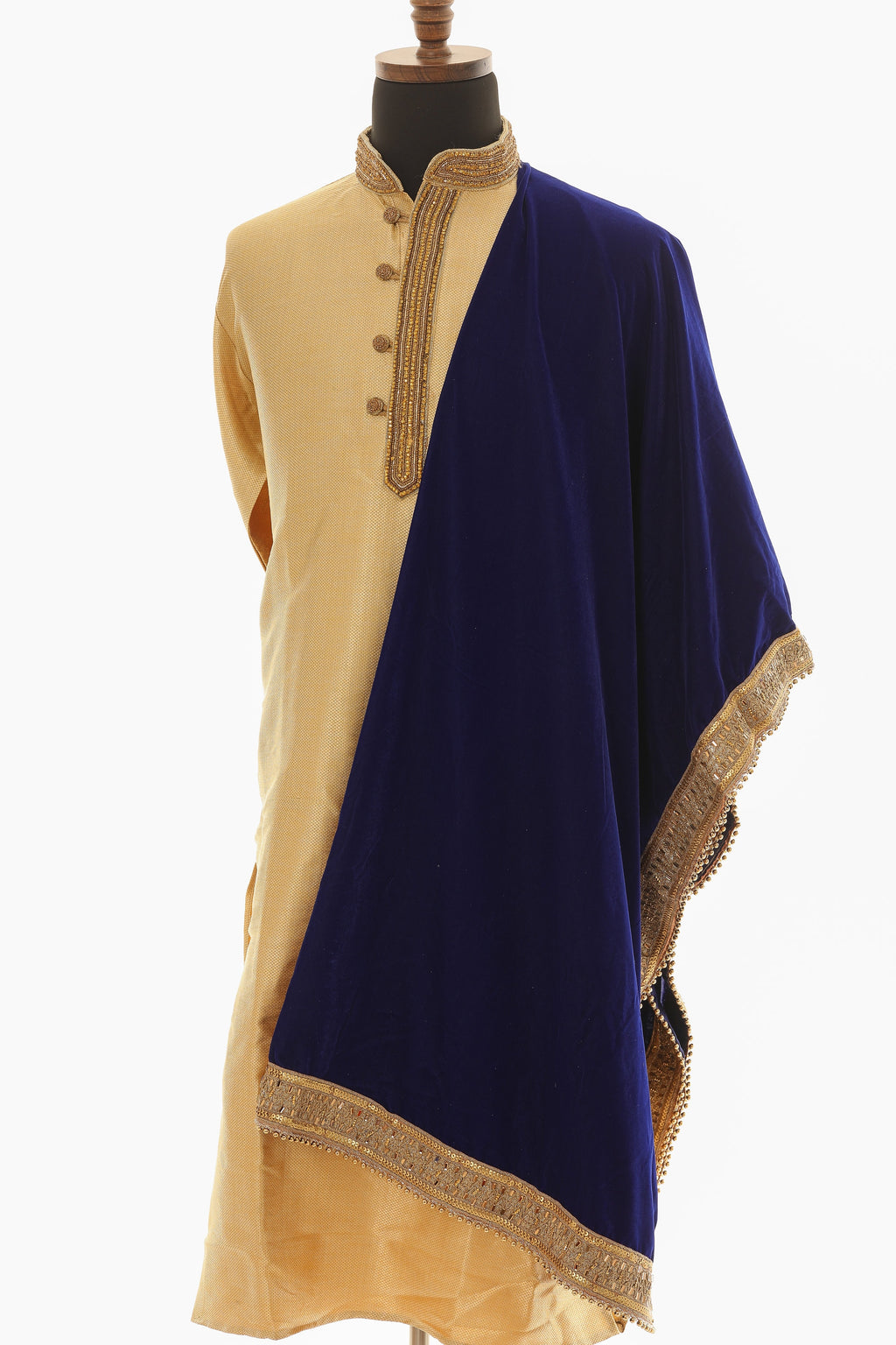 Royal Blue Velvet Gold Lace Scarf