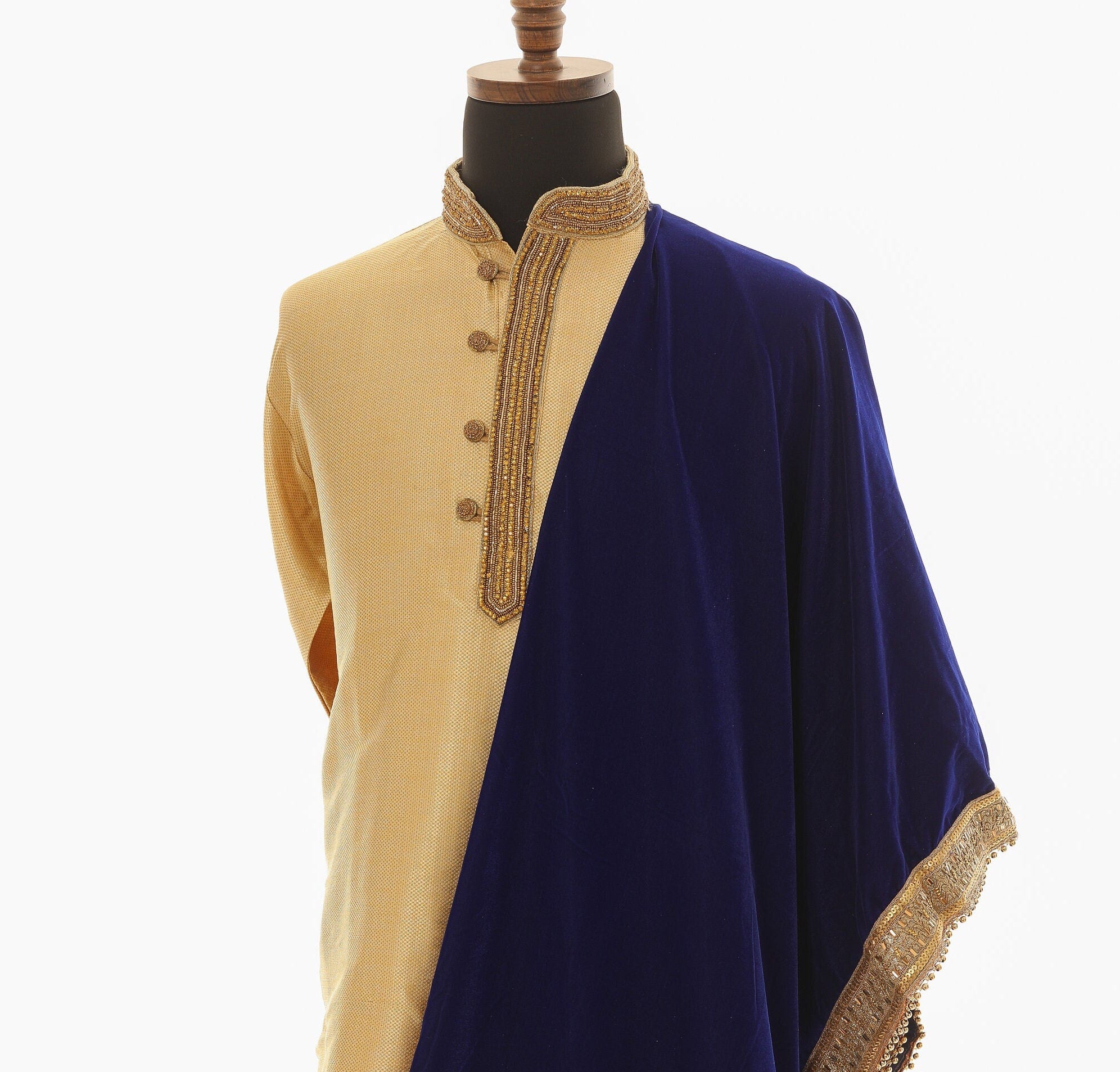 Royal Blue Velvet Gold Lace Scarf
