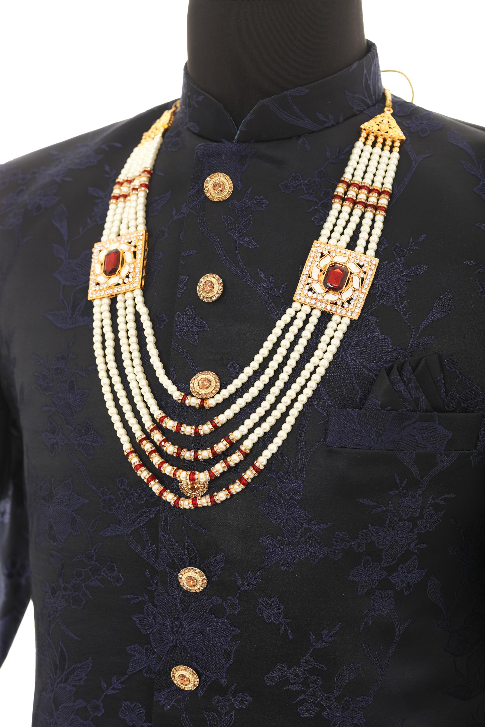 Traditional Elegant White Pearl & Maroon Necklace For Men