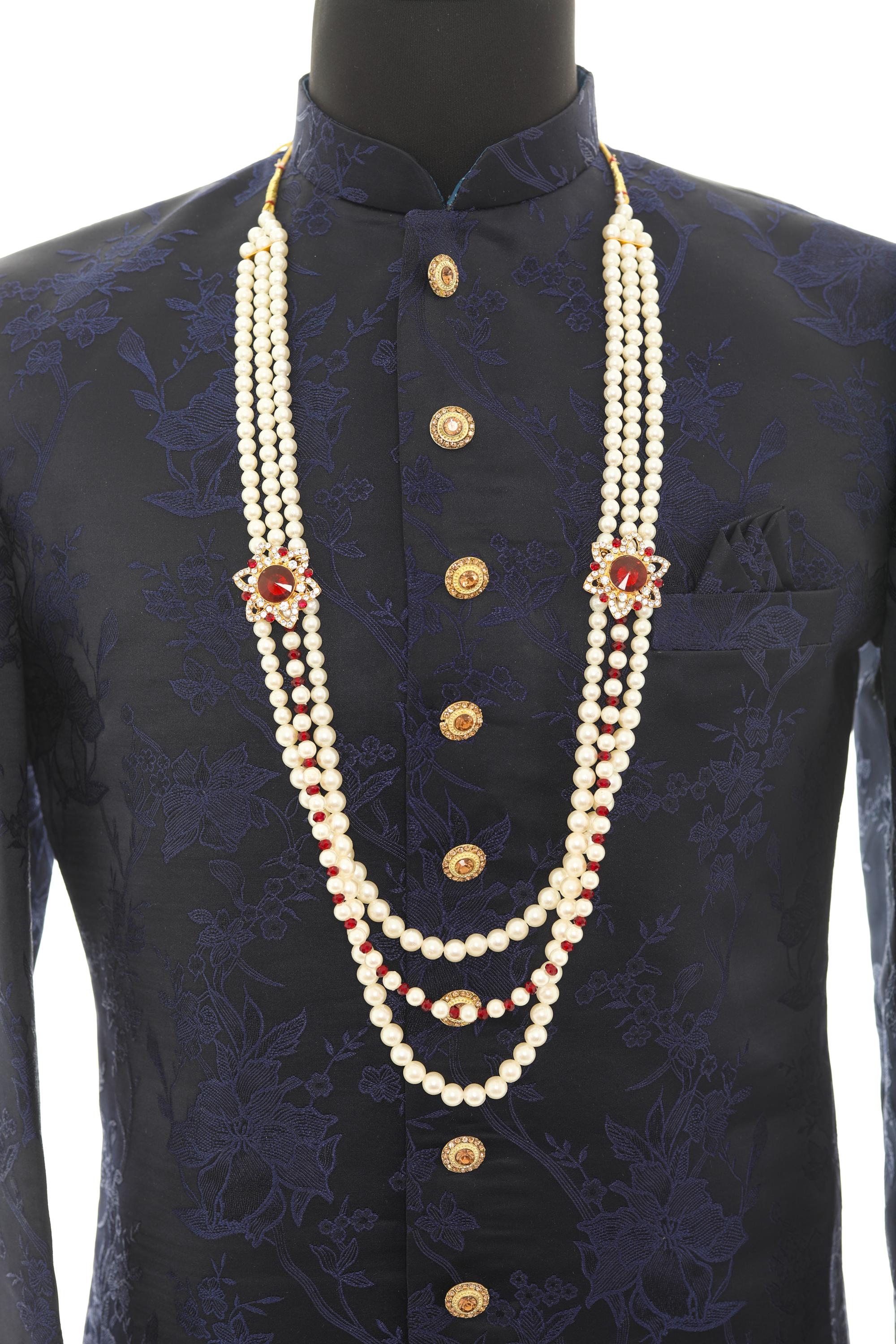 Traditional Elegant White Pearl & Maroon Necklace For Men