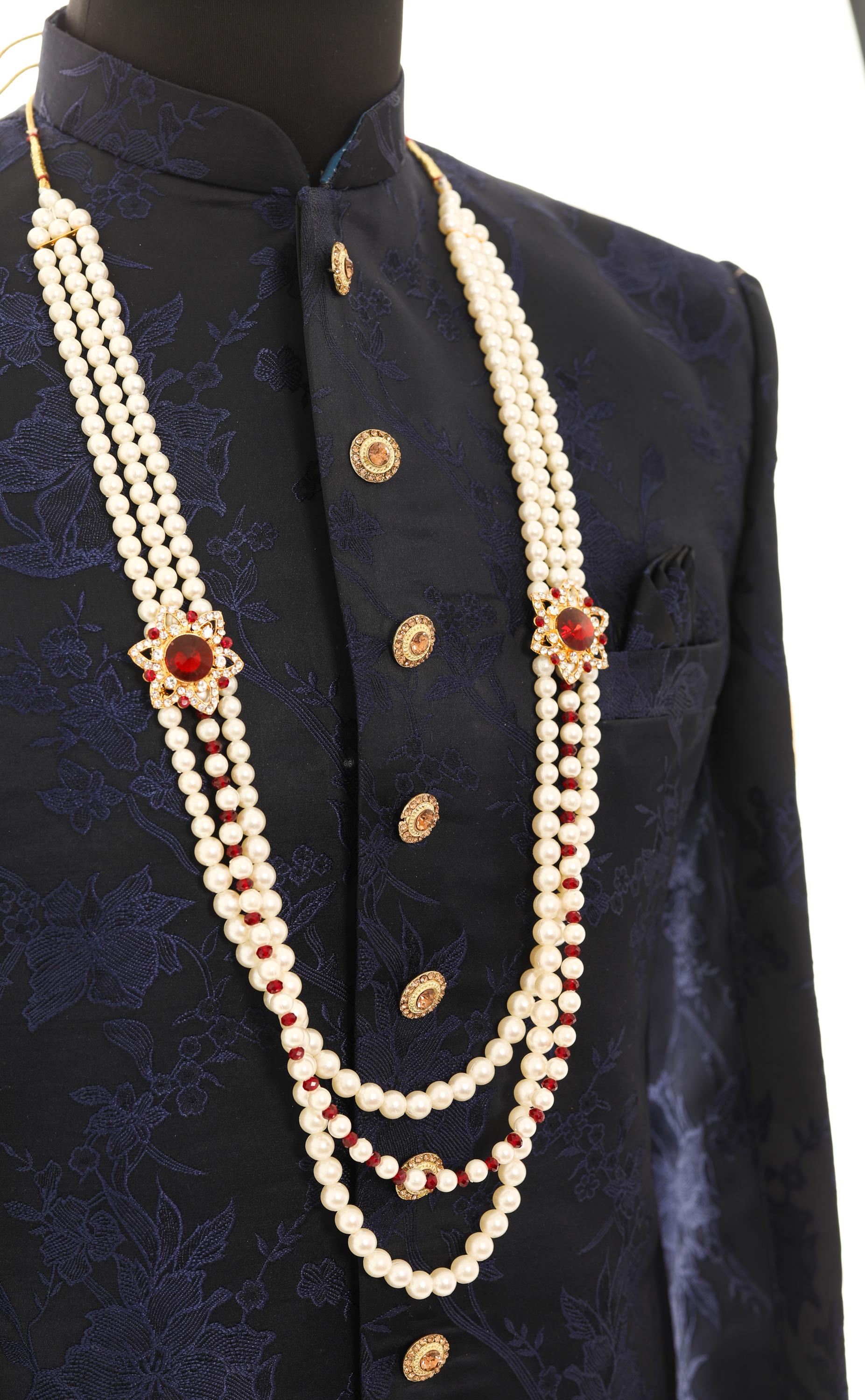 Traditional Elegant White Pearl & Maroon Necklace For Men