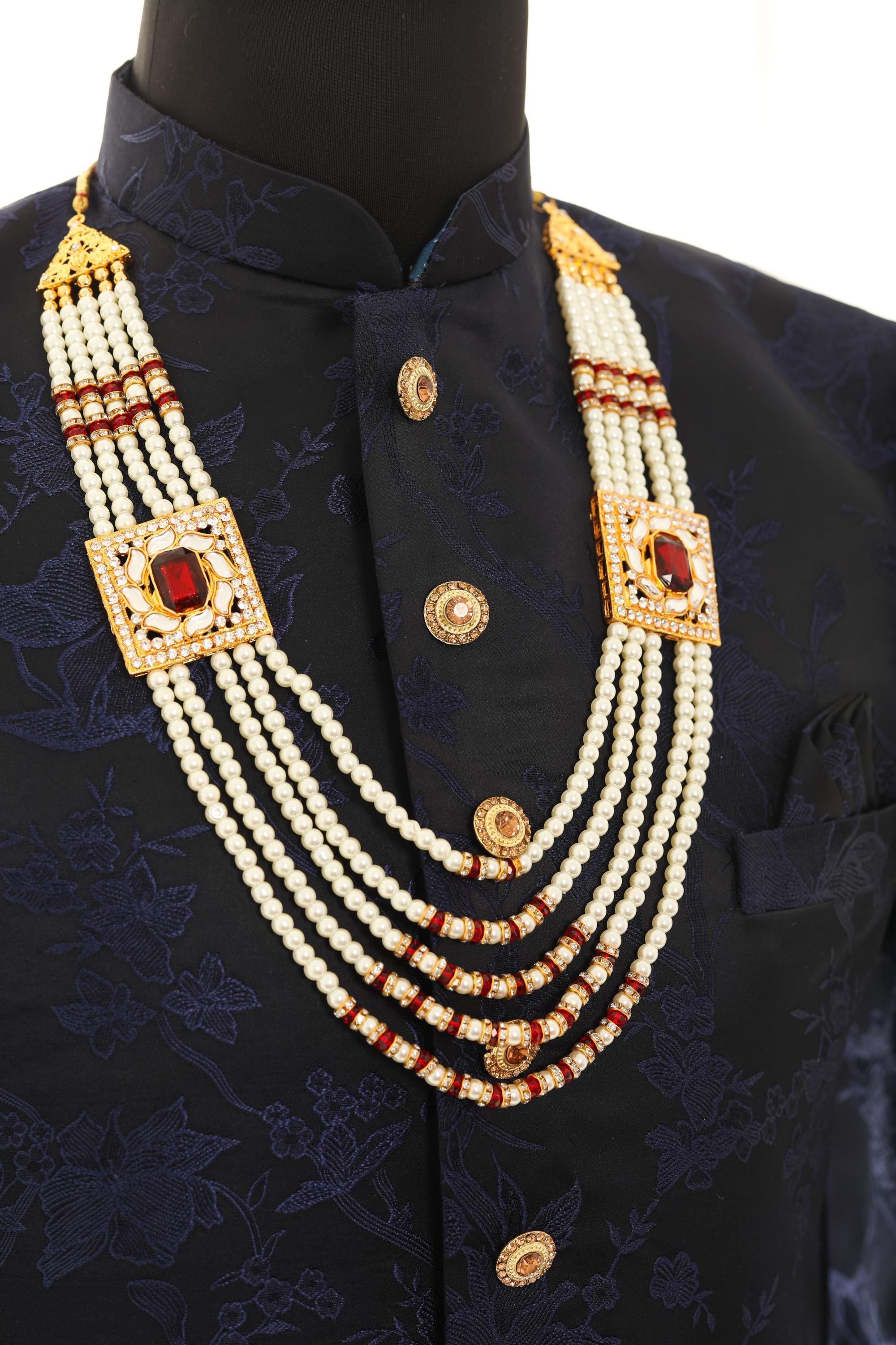 Traditional Elegant White Pearl & Maroon Necklace For Men