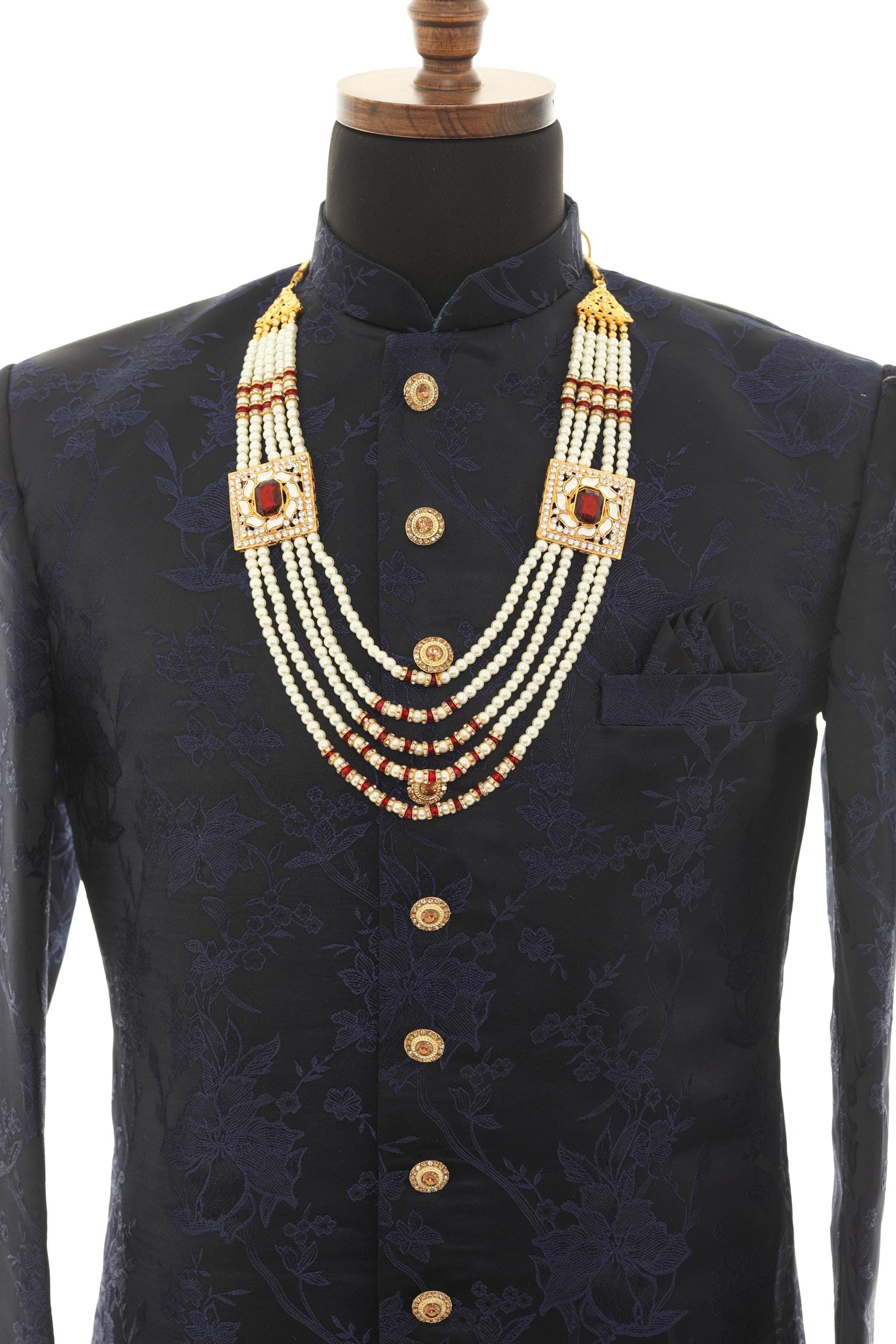 Traditional Elegant White Pearl & Maroon Necklace For Men