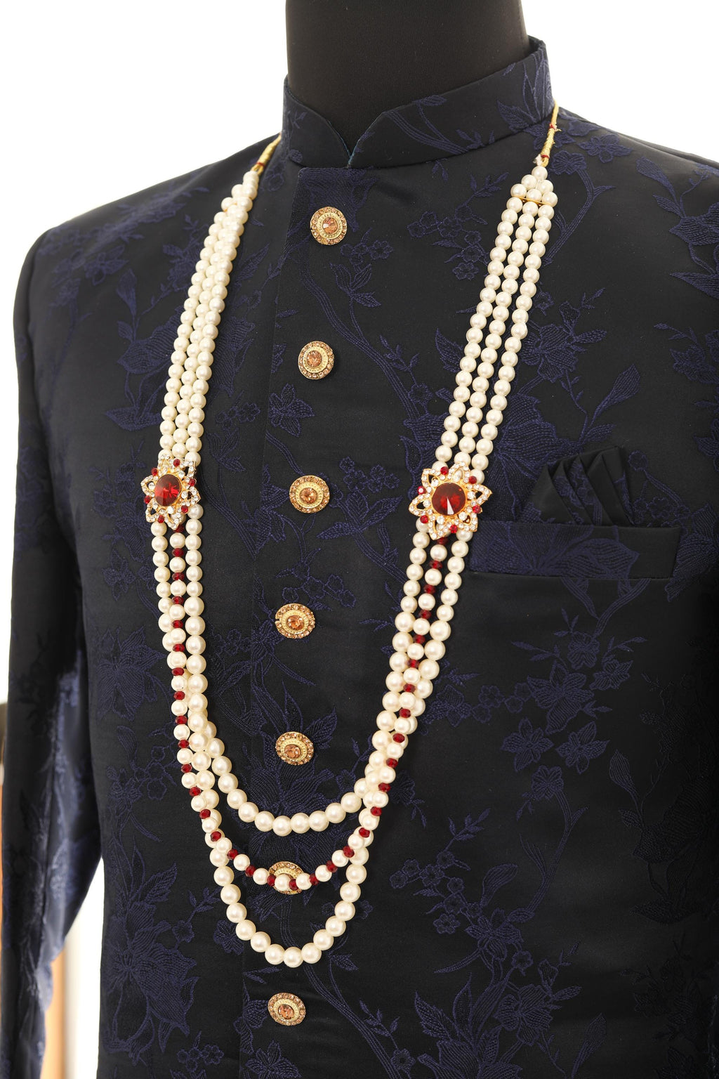 Traditional Elegant White Pearl & Maroon Necklace For Men