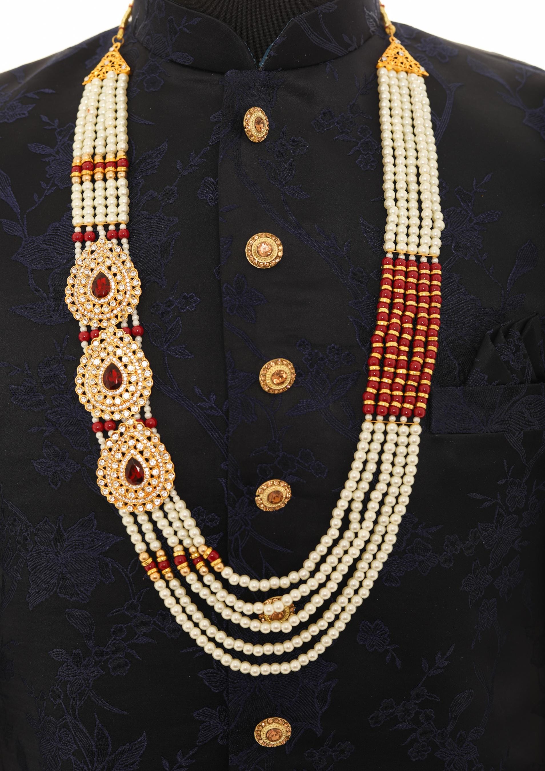 Traditional Elegant White Pearl & Maroon Necklace For Men