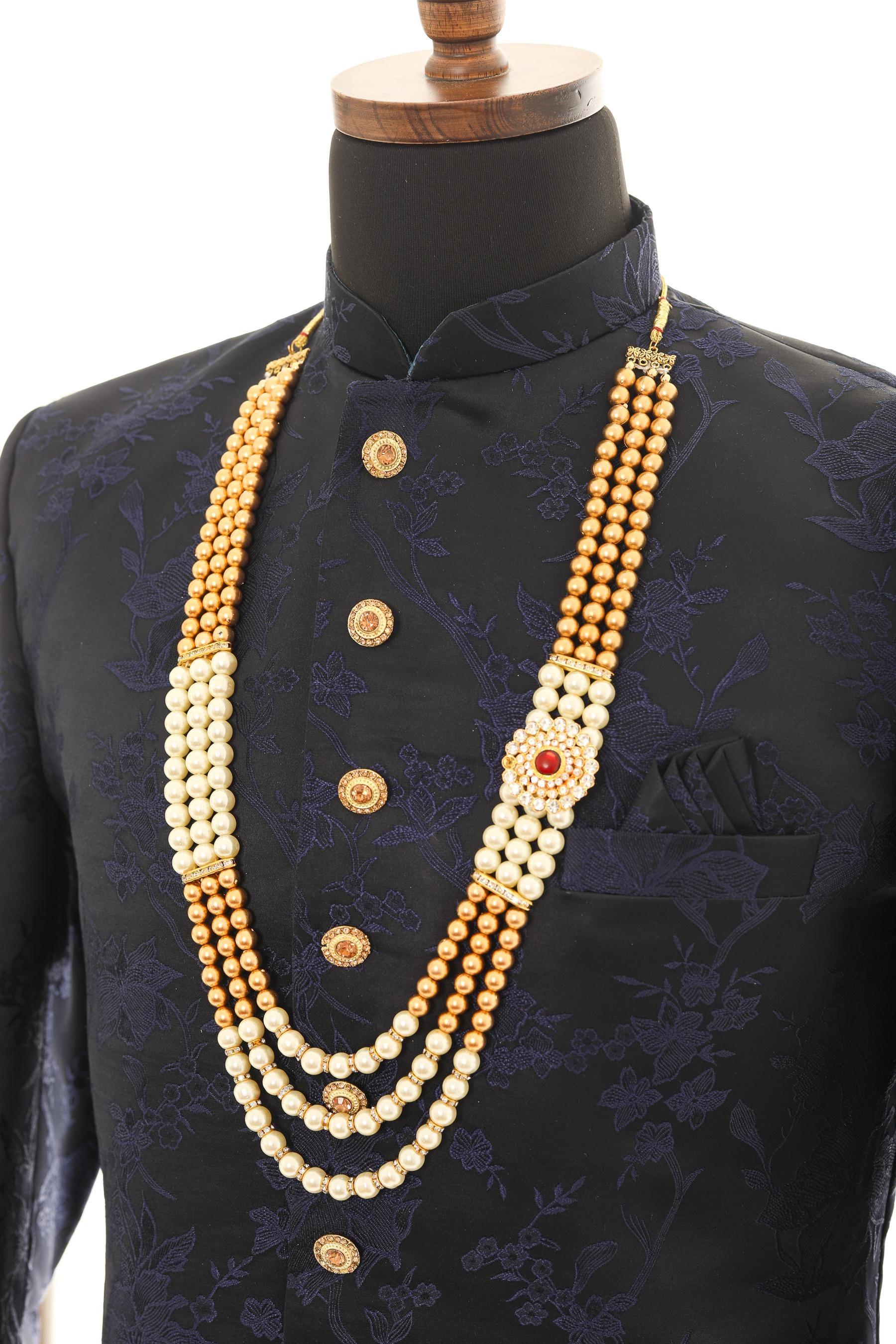 Traditional Elegant Gold Pearl & White Necklace For Men
