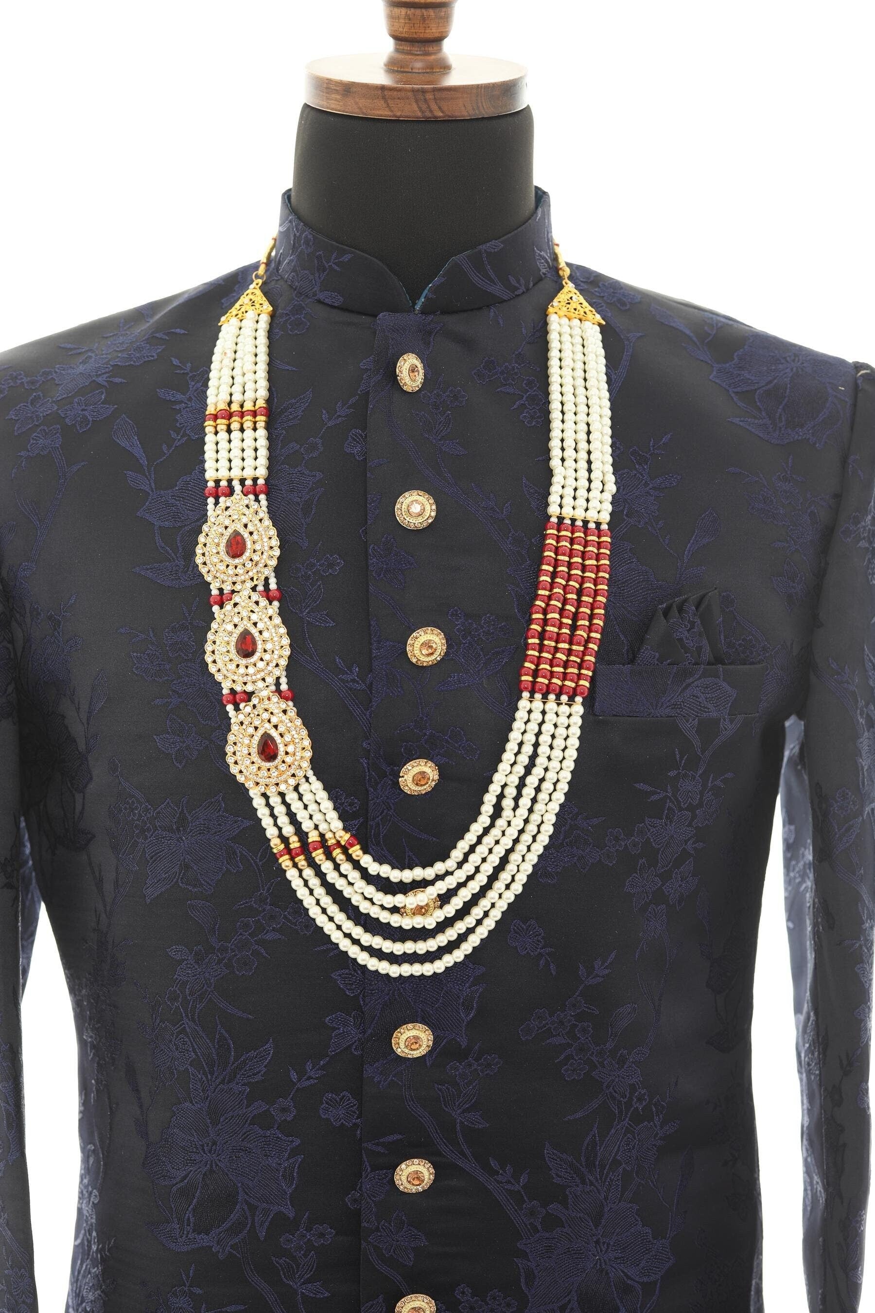Traditional Elegant White Pearl & Maroon Necklace For Men