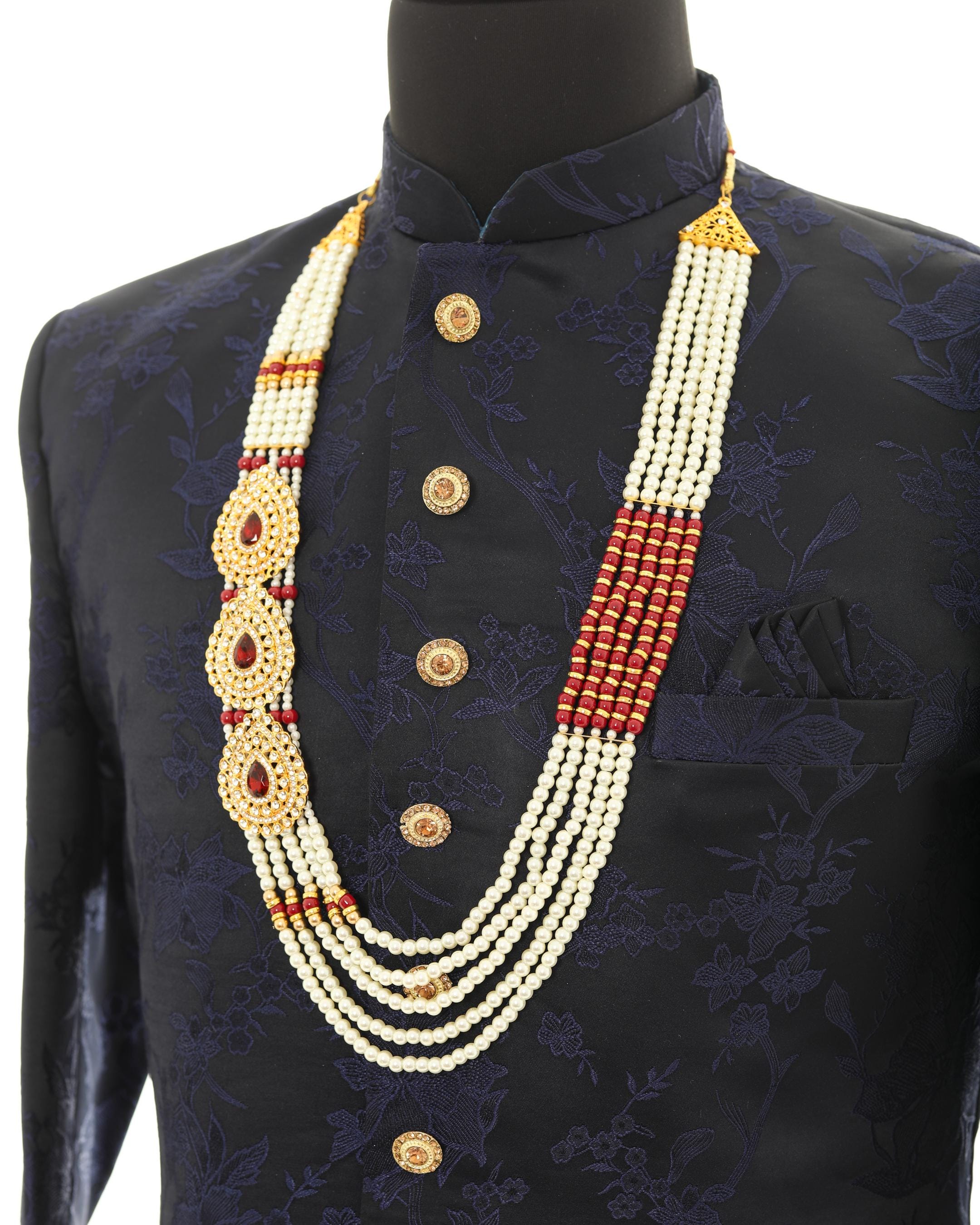 Traditional Elegant White Pearl & Maroon Necklace For Men