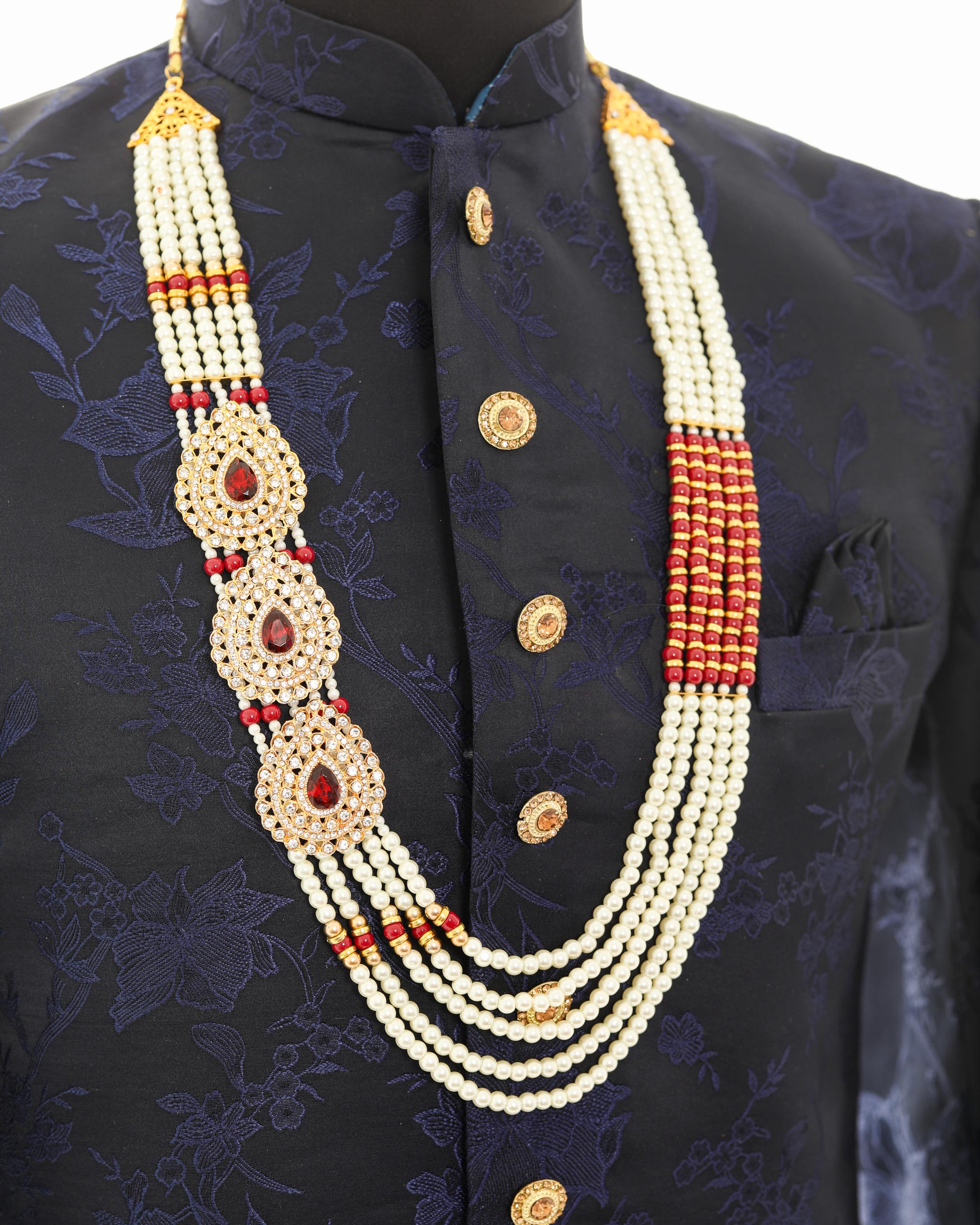 Traditional Elegant White Pearl & Maroon Necklace For Men