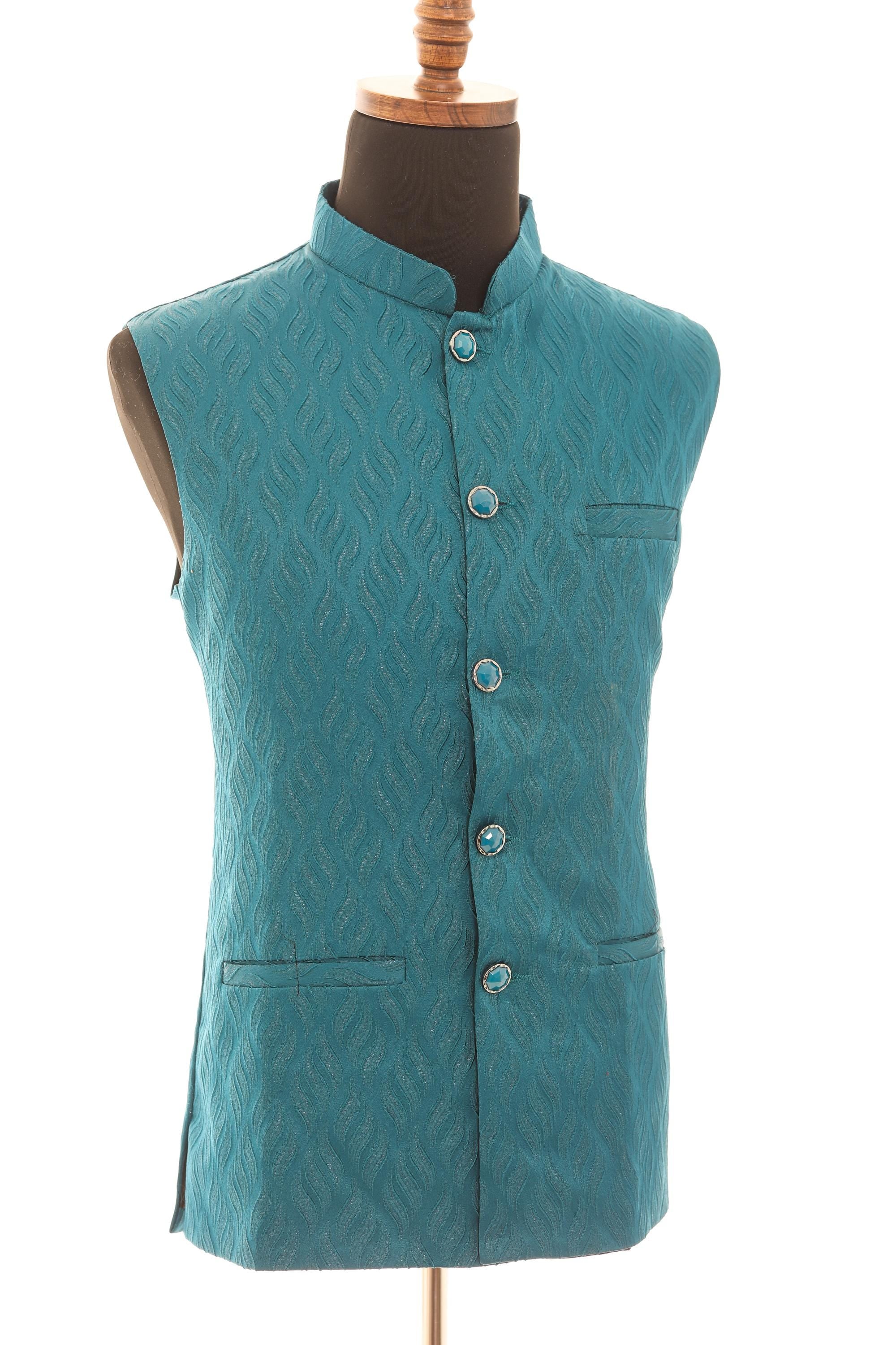 Exquisite Teal Self Embellishment Nehru Jacket for Men