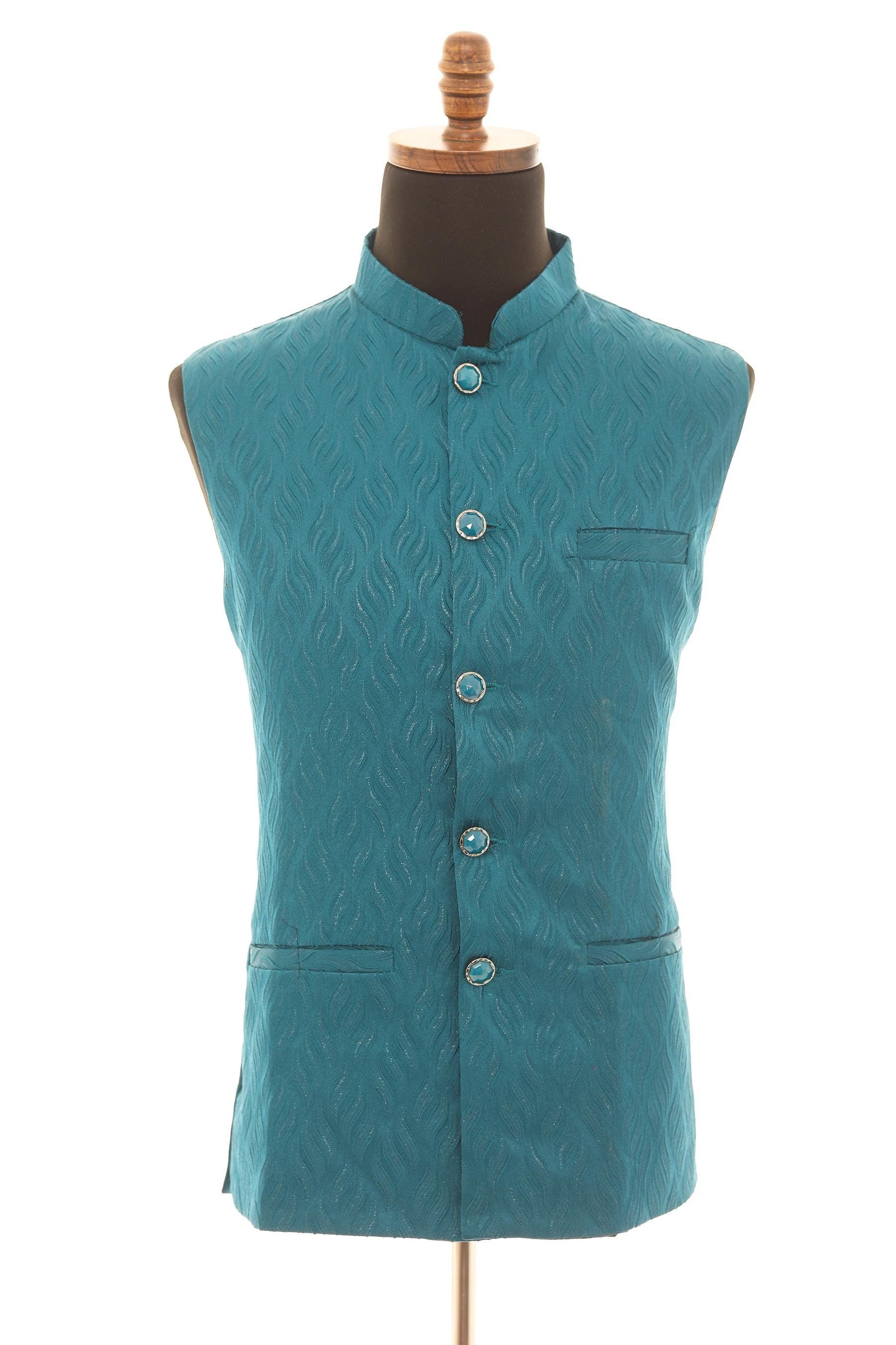 Exquisite Teal Self Embellishment Nehru Jacket for Men