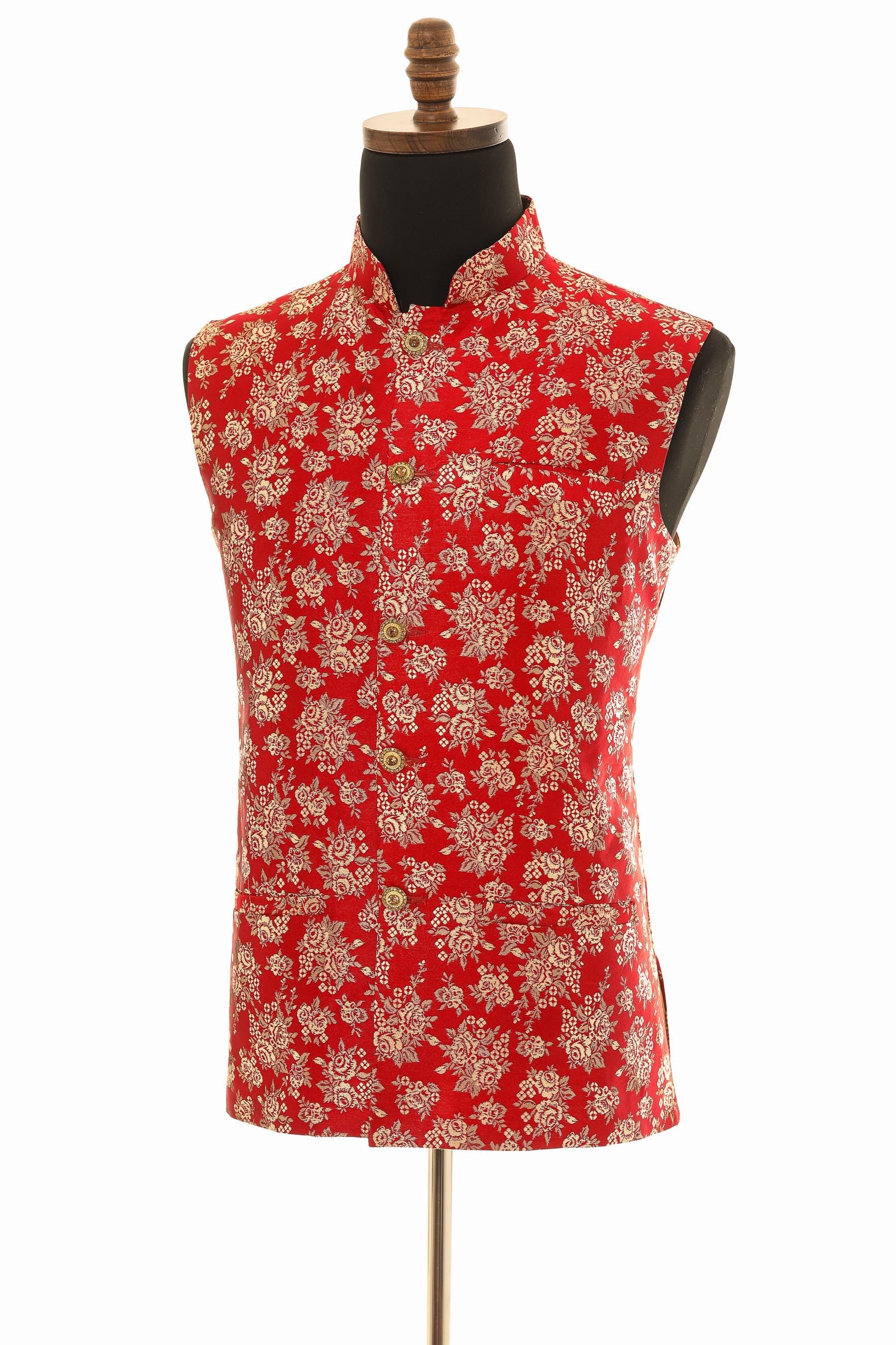 Men's Red Nehru Jacket  Exquisite Banaras Fabric Vest