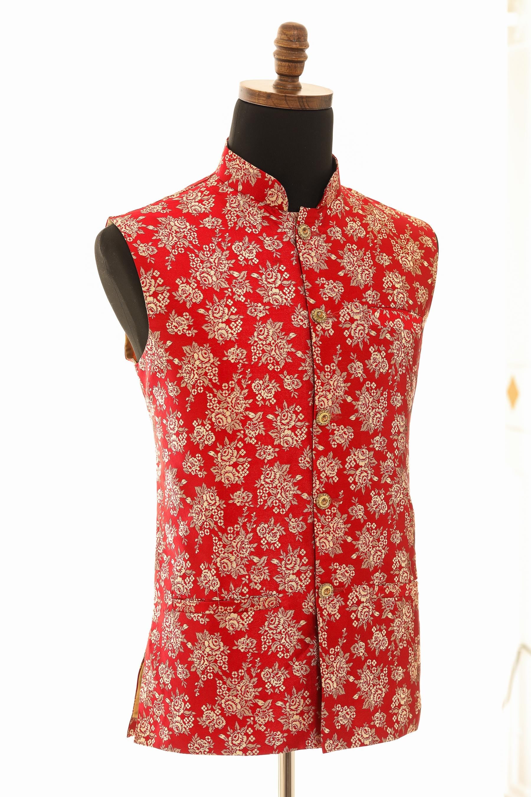 Men's Red Nehru Jacket  Exquisite Banaras Fabric Vest