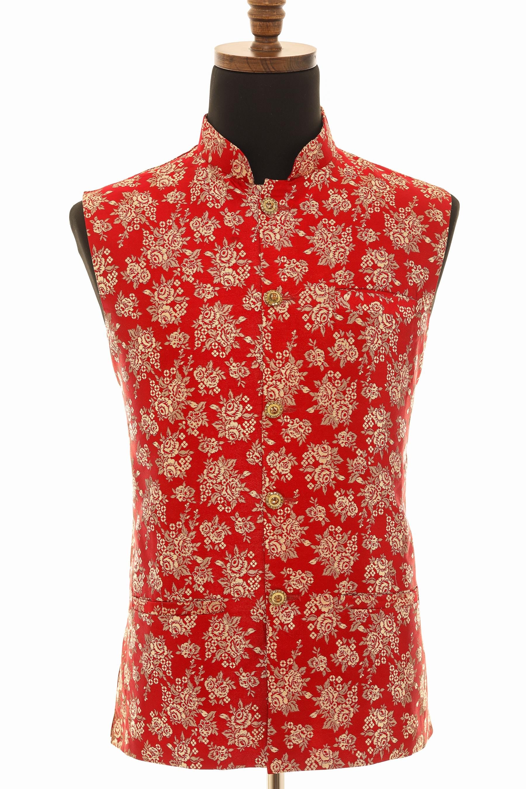 Men's Red Nehru Jacket  Exquisite Banaras Fabric Vest