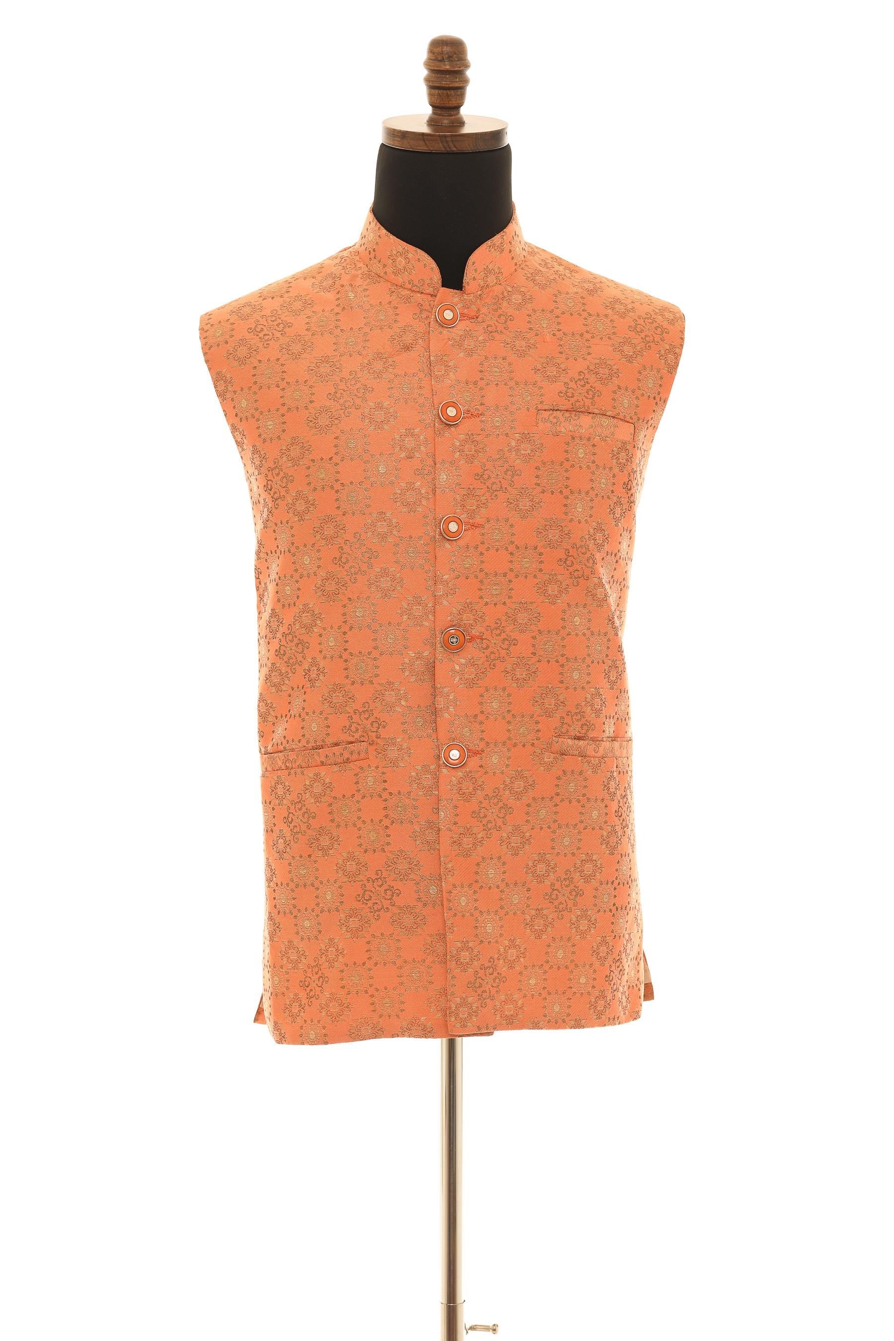 Men's Soft Peach Nehru Jacket  Elegant Banaras Fabric Vest