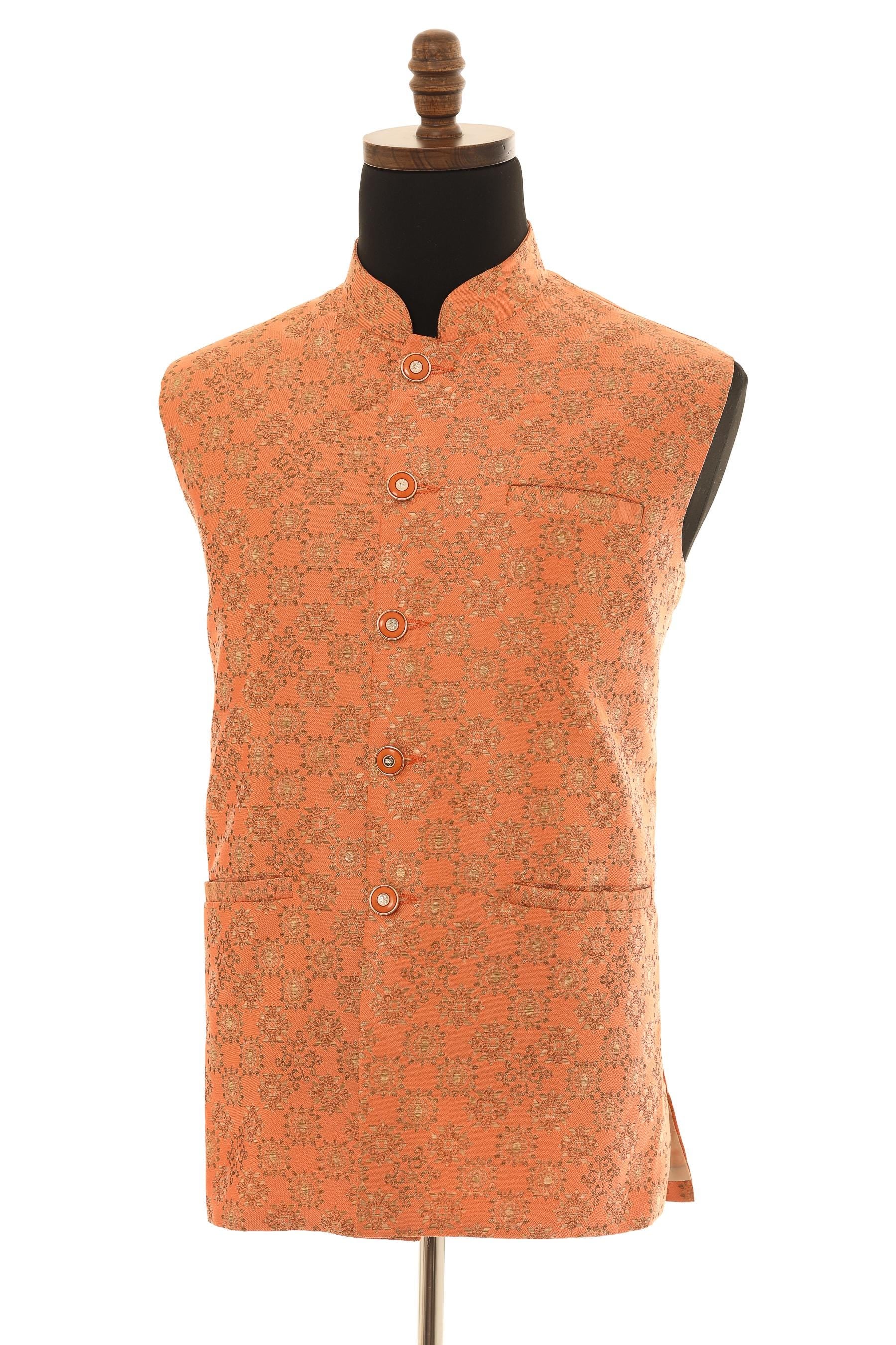 Men's Soft Peach Nehru Jacket  Elegant Banaras Fabric Vest
