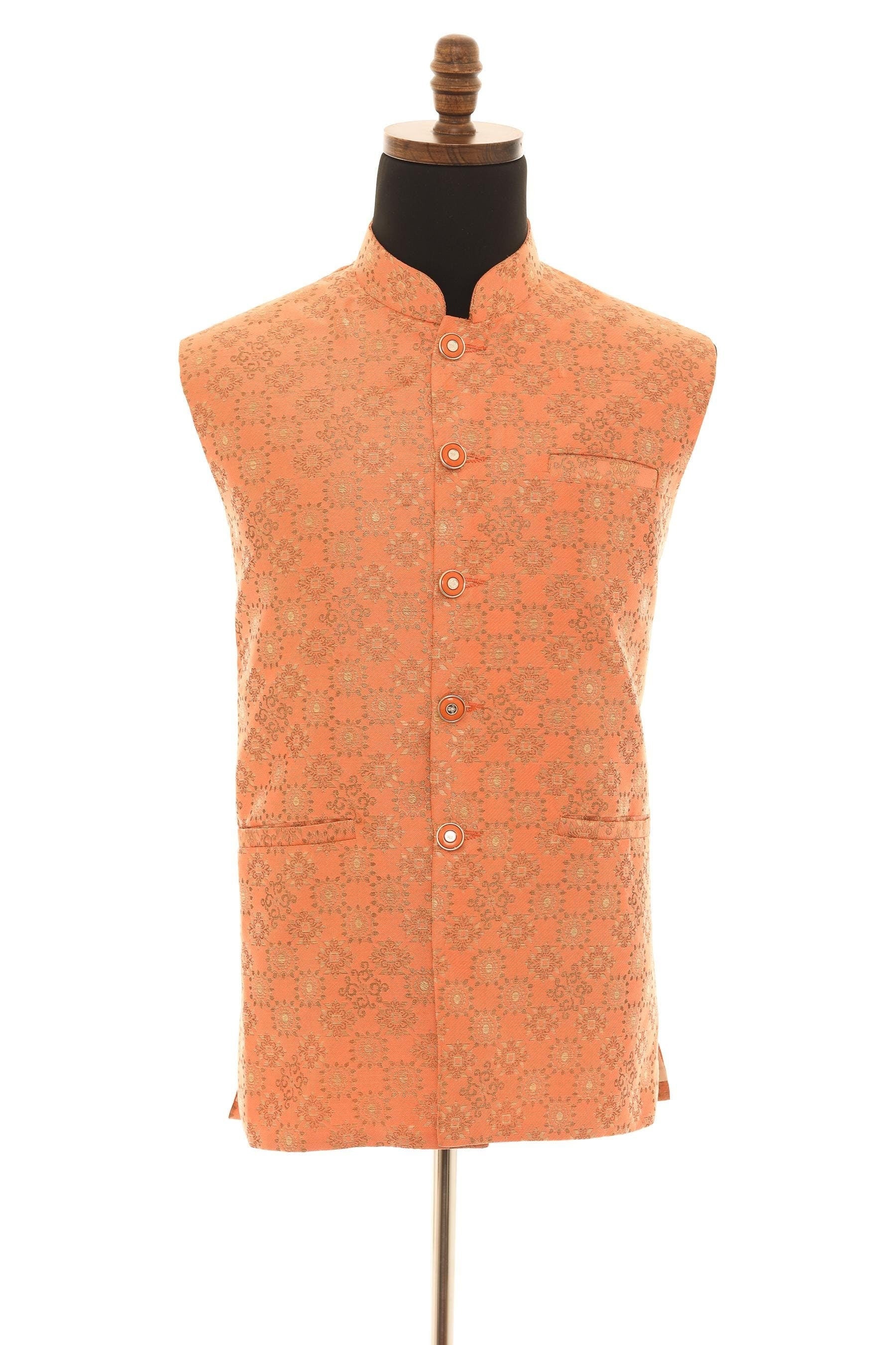 Men's Soft Peach Nehru Jacket  Elegant Banaras Fabric Vest