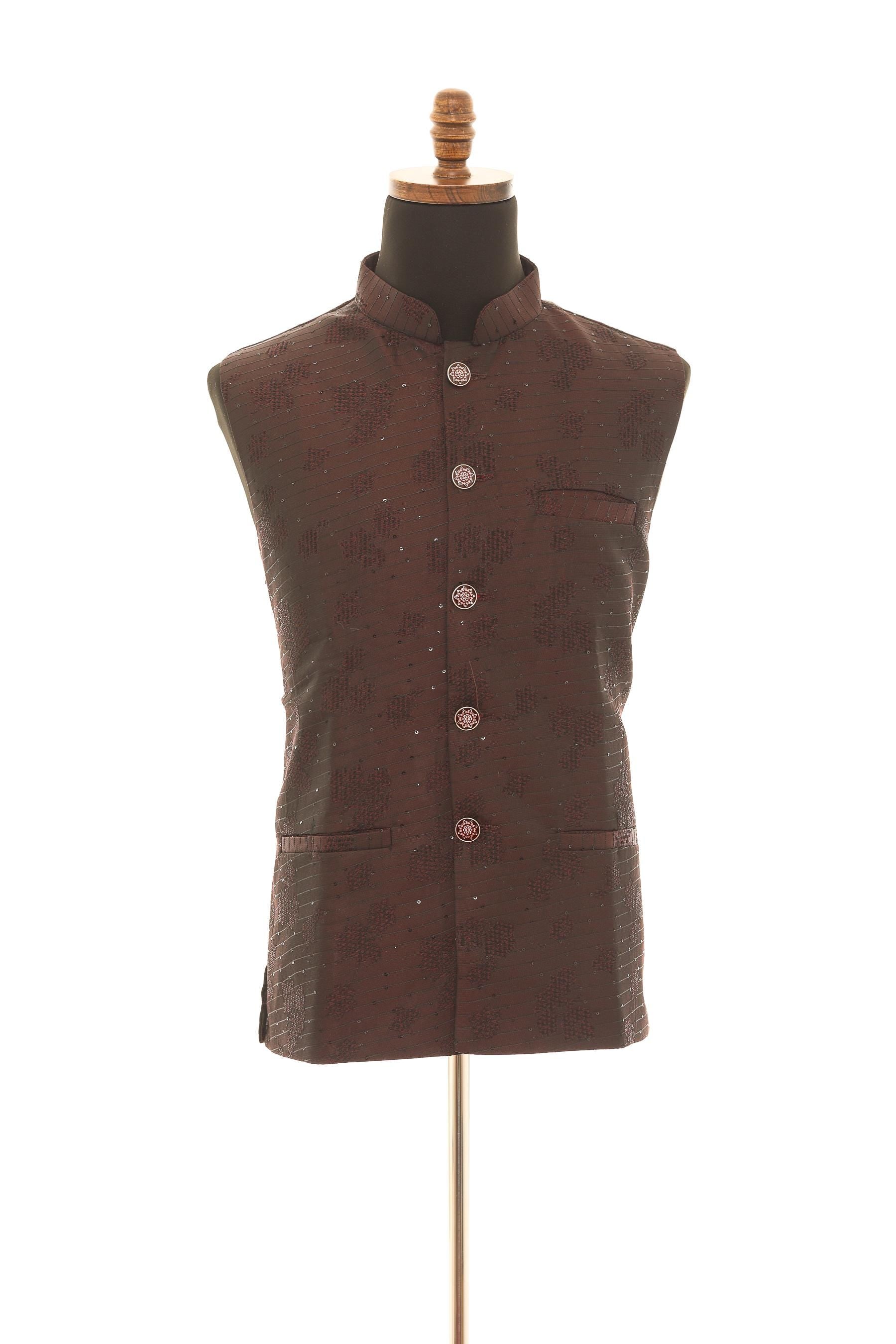 Men's Maroon Nehru Jacket with Self Embroidery Detailing