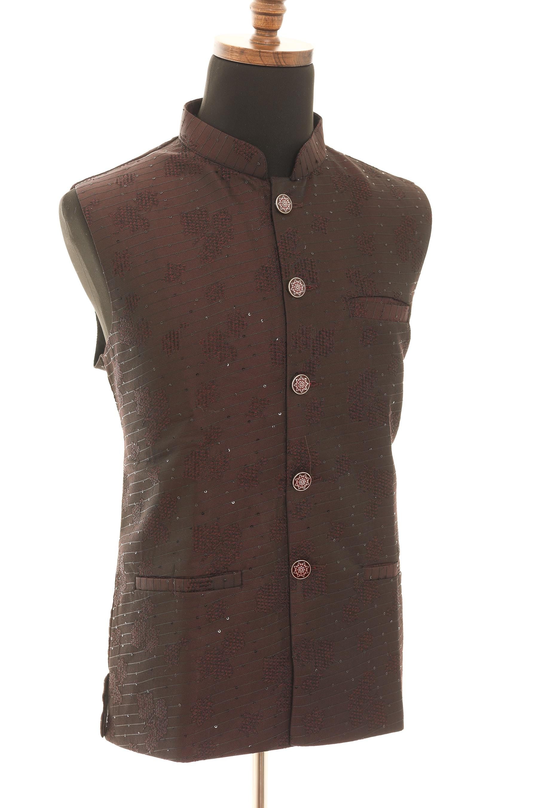 Men's Maroon Nehru Jacket with Self Embroidery Detailing