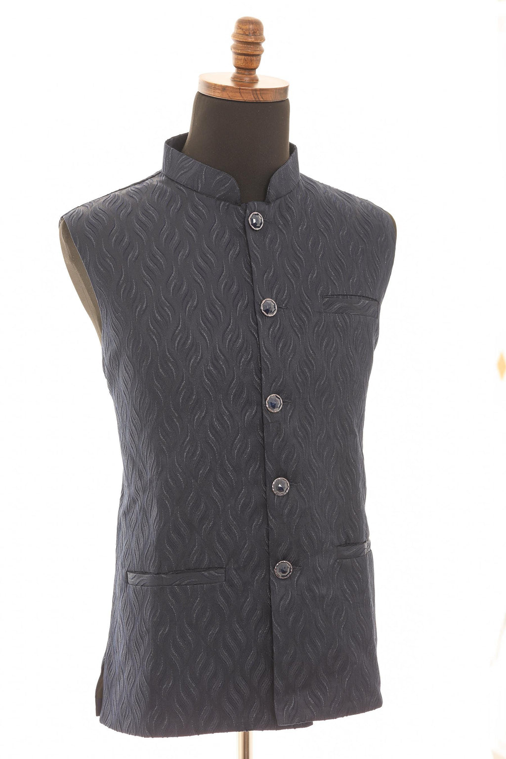 Men's Navy Blue Nehru Jacket  Self Wavy Embroidered Fabric