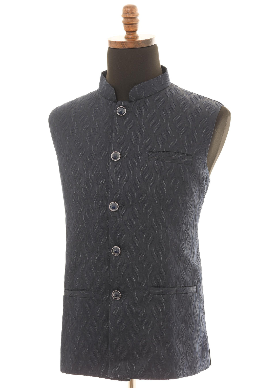 Men's Navy Blue Nehru Jacket  Self Wavy Embroidered Fabric