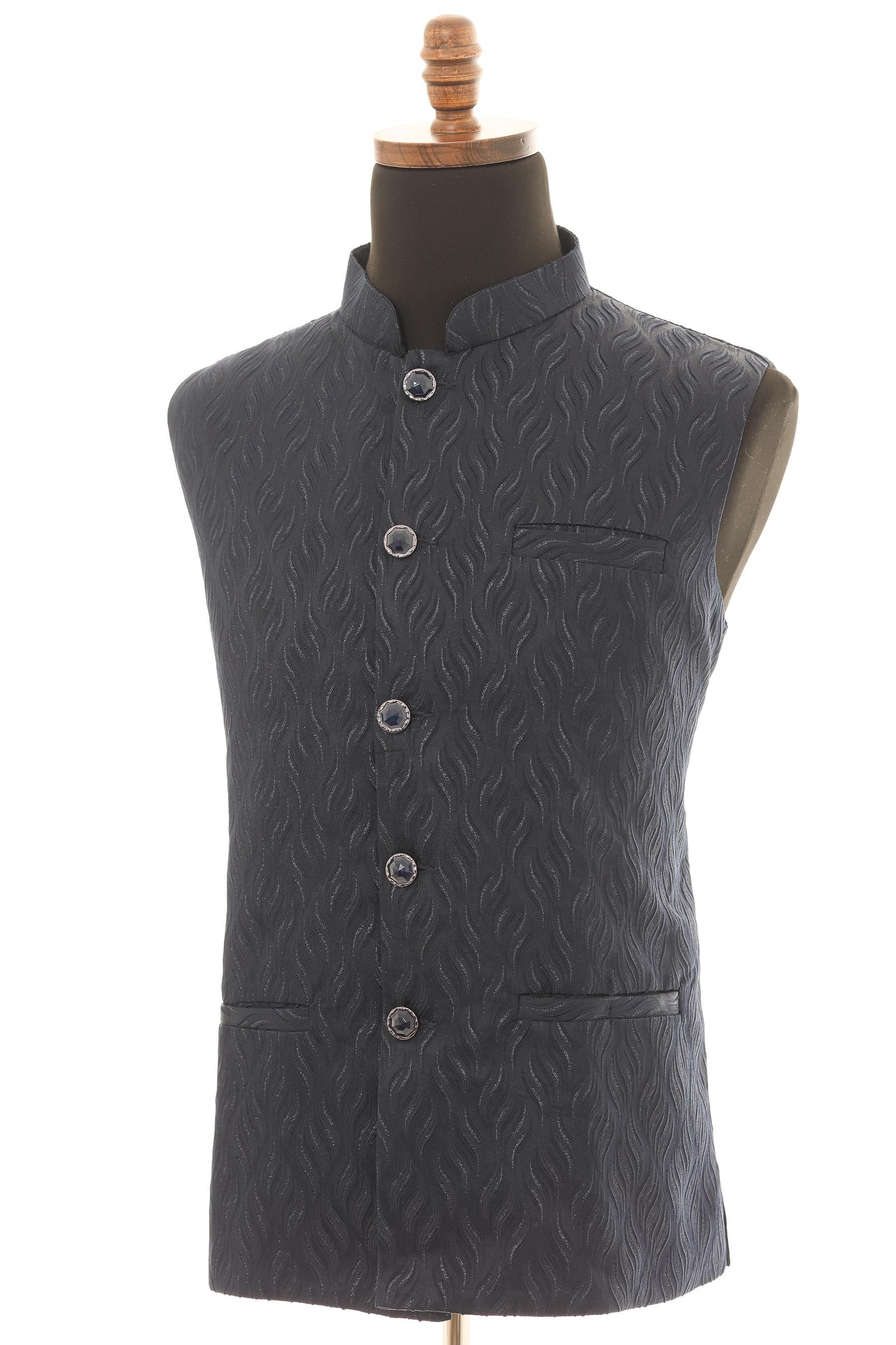 Men's Navy Blue Nehru Jacket  Self Wavy Embroidered Fabric